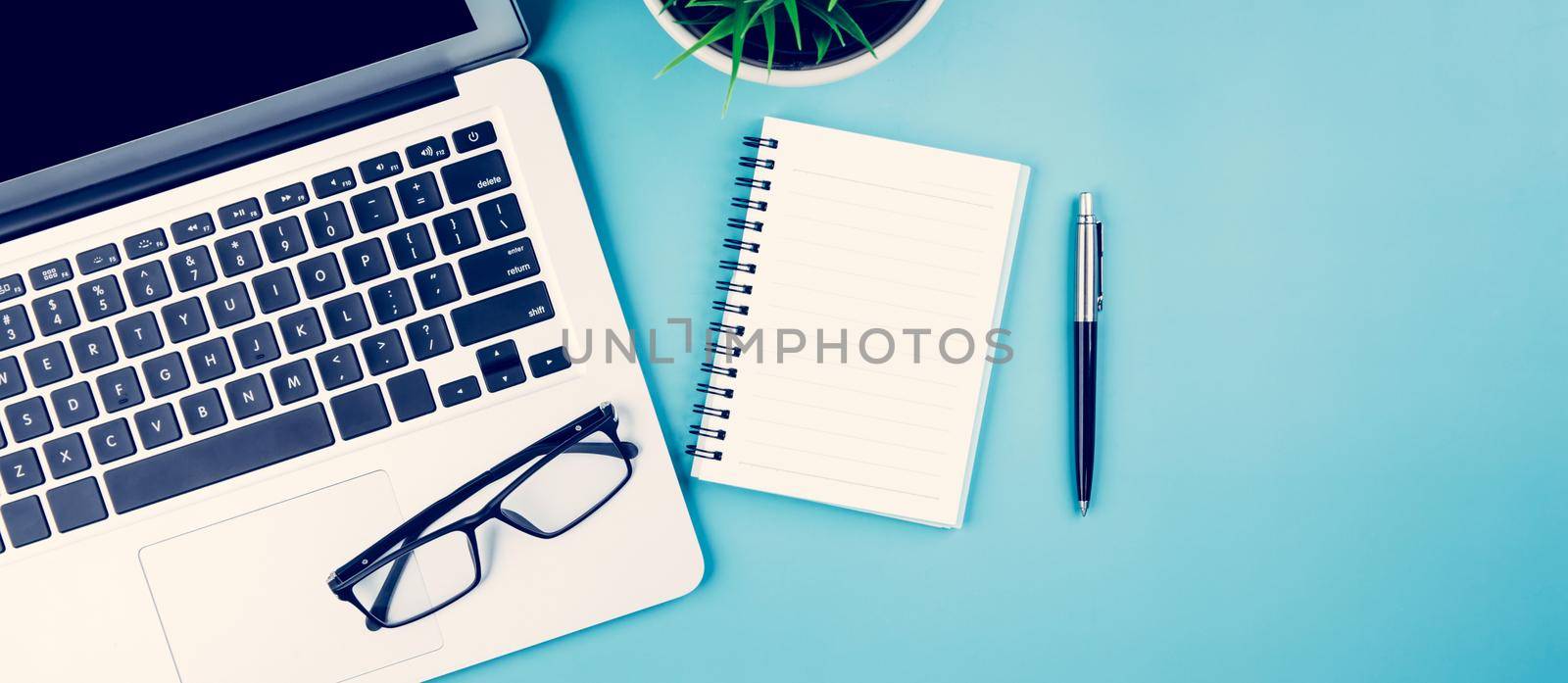 Flat lay of Laptop computer and plant and pen on desk in office, workplace and notebook and glasses and potted tree and book, workspace and copy space, top view, object with above, business concept. by nnudoo