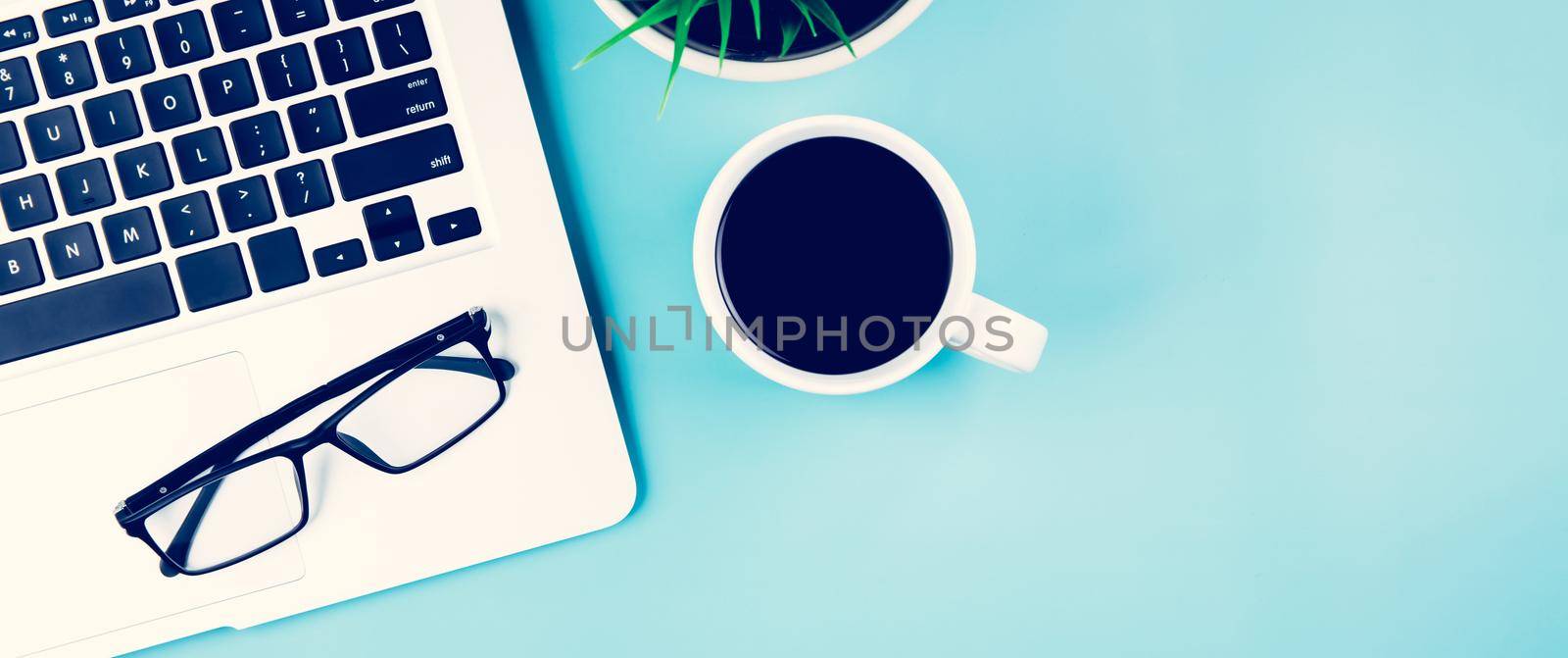 Flat lay, Laptop computer and plant and cup of coffee and glasses on desk in office, workplace and notebook and potted tree, workspace and copy space, top view, object with above, business concept. by nnudoo
