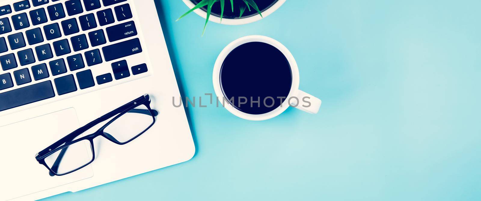 Flat lay, Laptop computer and plant and cup of coffee and glasses on desk in office, workplace and notebook and potted tree, workspace and copy space, top view, object with above, business concept.