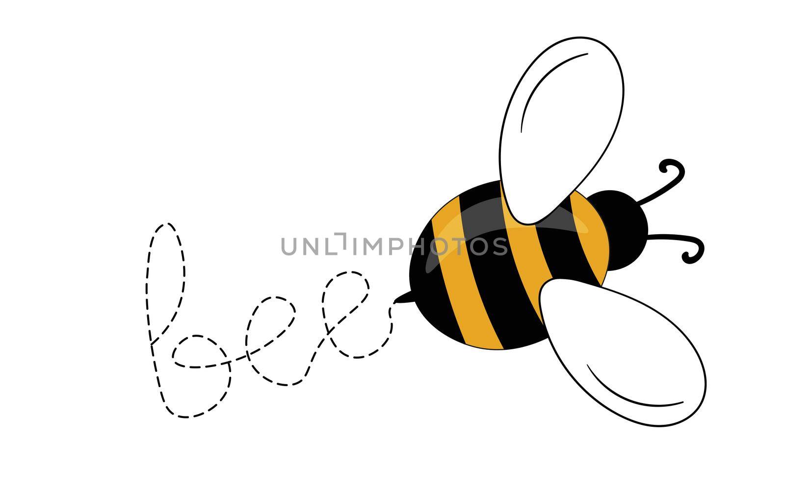 Cartoon bee mascot. A small bees flying on a dotted route. Wasp collection. Vector characters. Incest icon. Template design for invitation, cards. Doodle style.