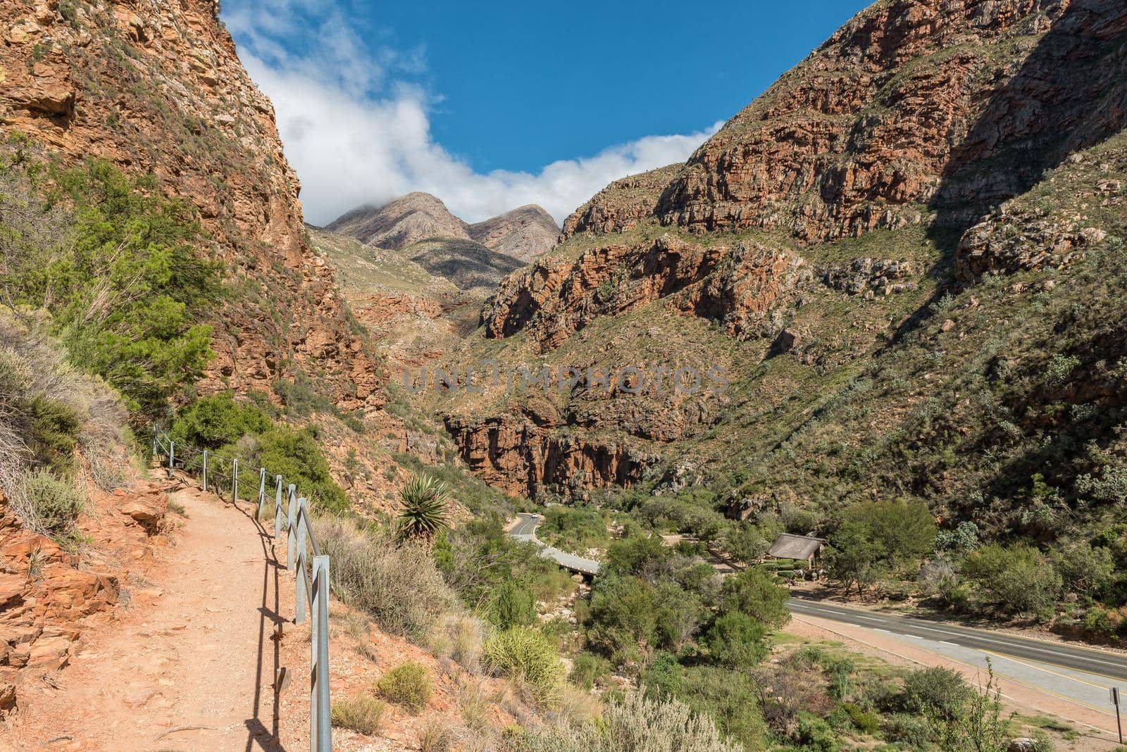 Road N12 is visible from the trail to the Meiringspoort waterfall in the Swartberg mountain