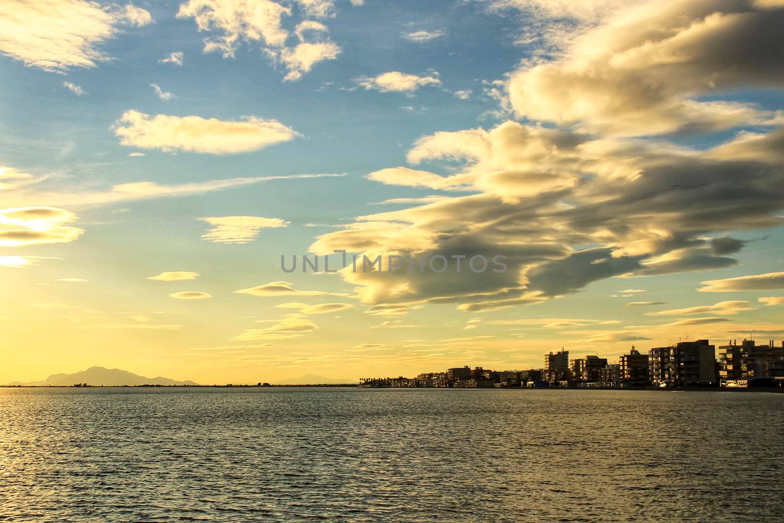 Colorful and Beautiful sky and sea at Sunset in Santa Pola, a small fishing village in southern Spain