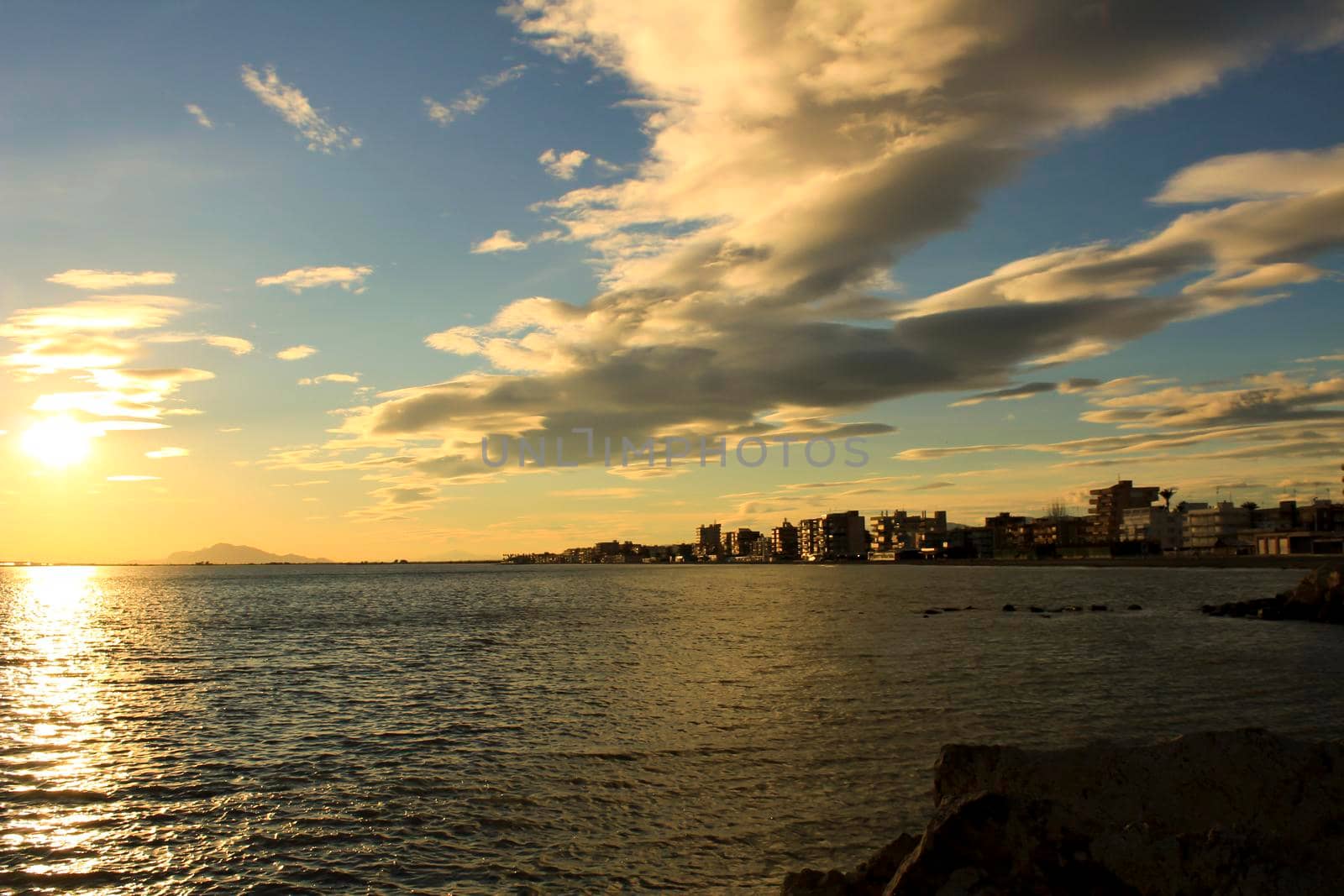 Colorful and Beautiful sky and sea at Sunset in Santa Pola, a small fishing village in southern Spain