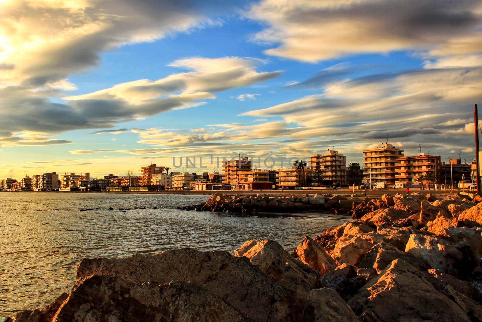 Colorful and Beautiful sky and sea at Sunset in Santa Pola, a small fishing village in southern Spain