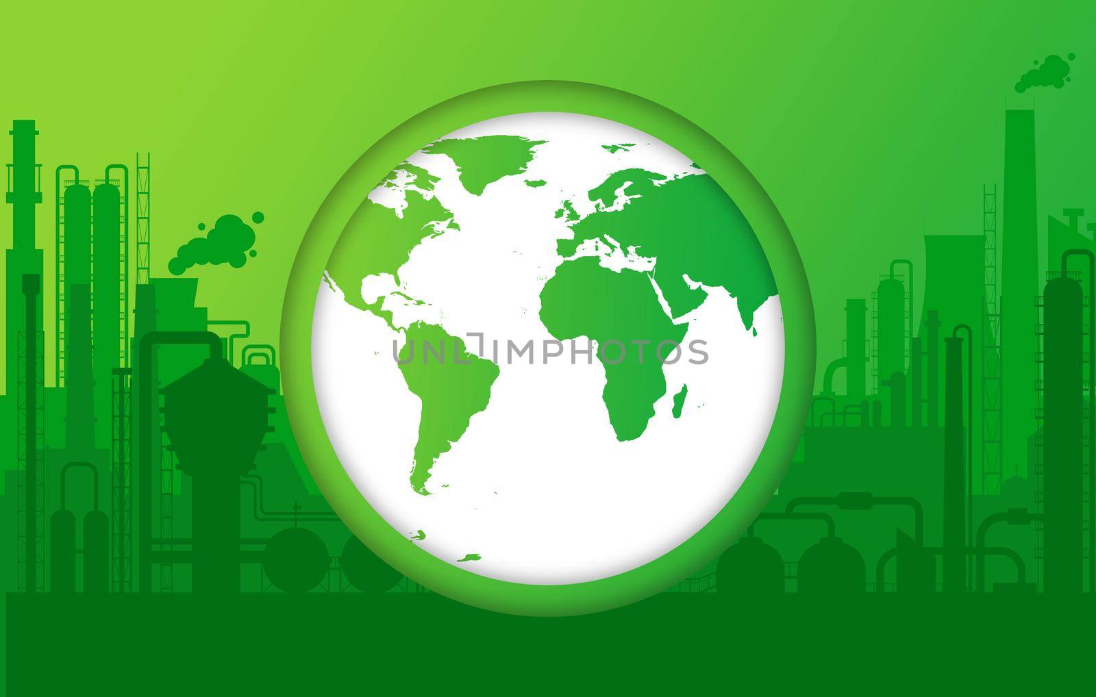 Green earth with industrial plant manufacturing, factory silhouette exterior, Gas, helium plants with pipe system and silhouettes of buildings, manufacturing process illustration.