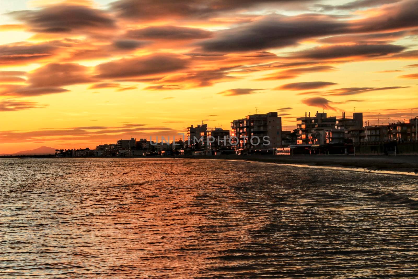 Colorful and Beautiful sky and sea at Sunset in Santa Pola, a small fishing village in southern Spain