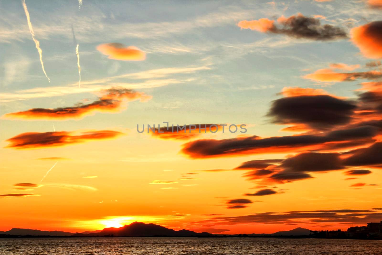 Colorful and Beautiful sky and sea at Sunset in Santa Pola, a small fishing village in southern Spain