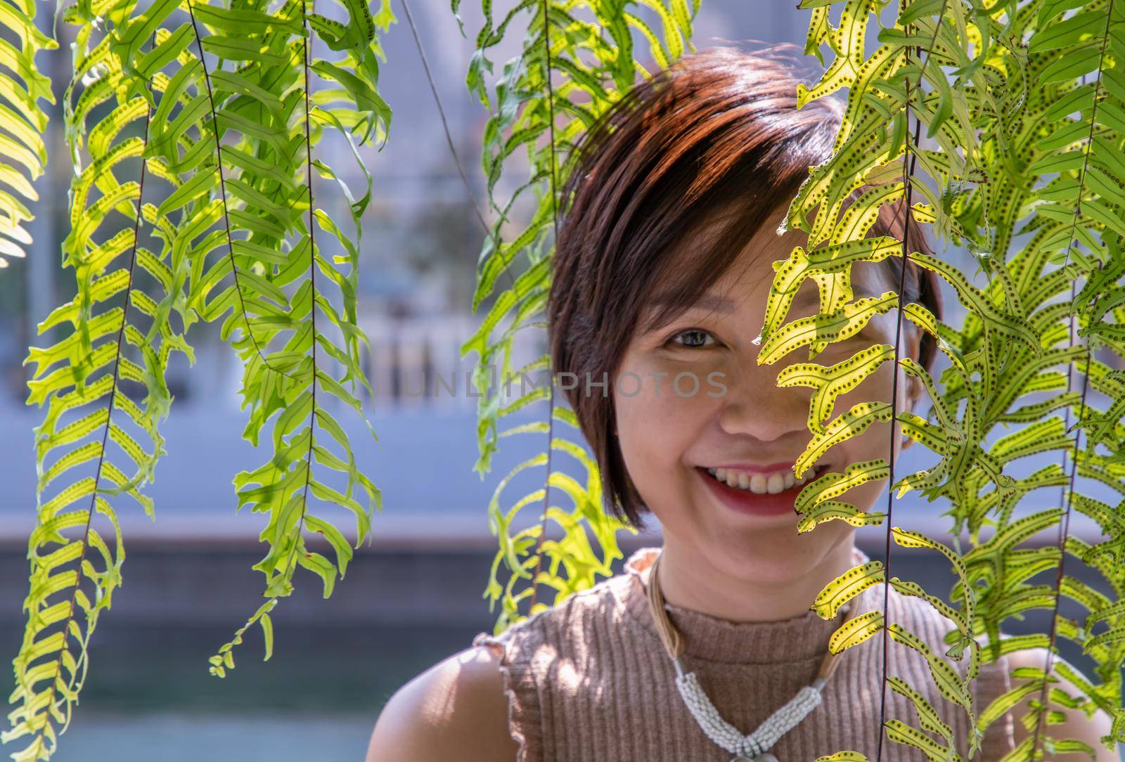 Portrait of smiling of happy beauty asian young asian woman enjoy and smiling behind green ferns leaves. Happy woman in nature concept,  by tosirikul