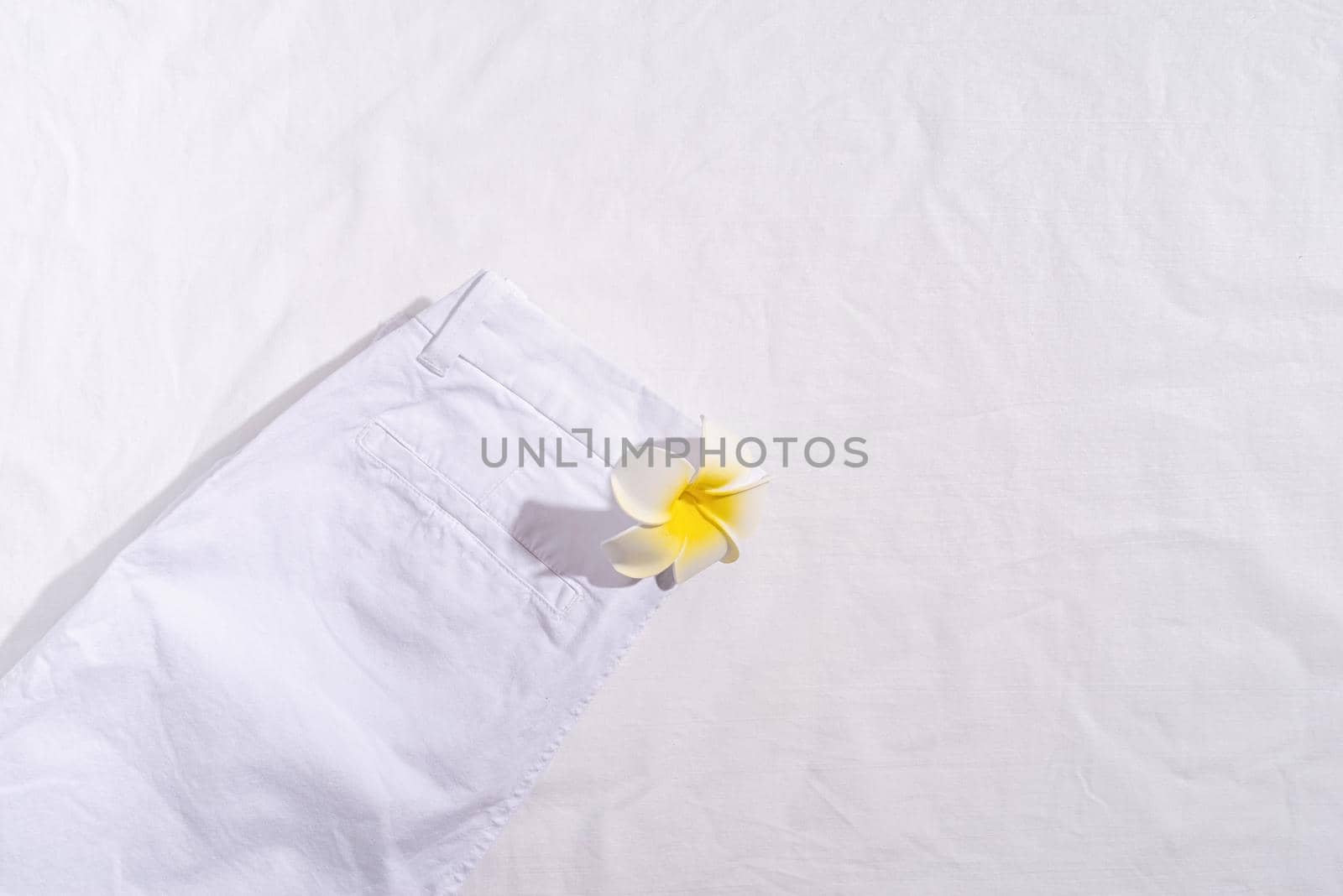 Summer and vacation concept. White summer jeans with plumeria flower on white background. Mock up design