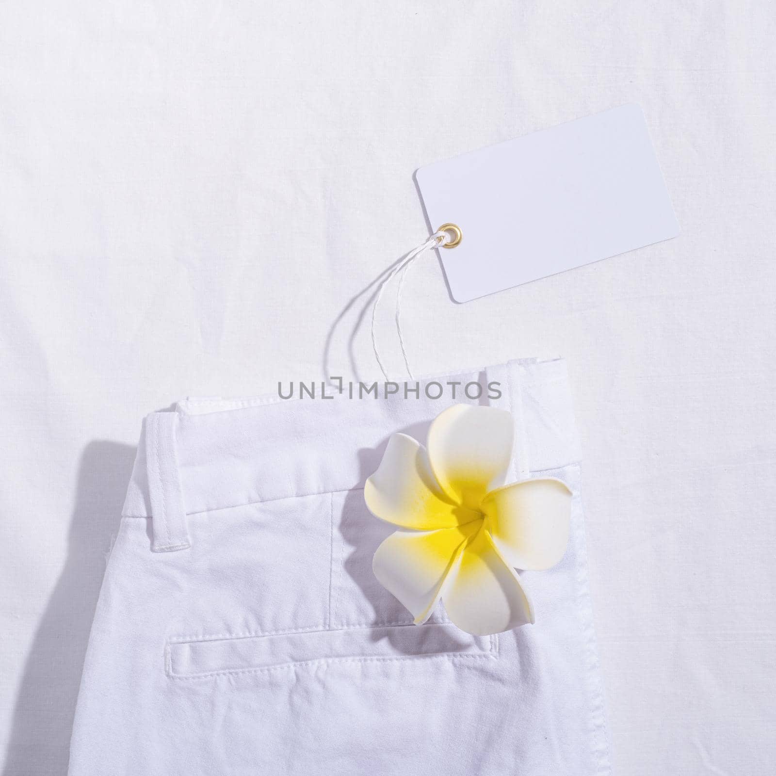 Summer and vacation concept. White summer jeans with plumeria flower on white background with blank price tag. Mock up design