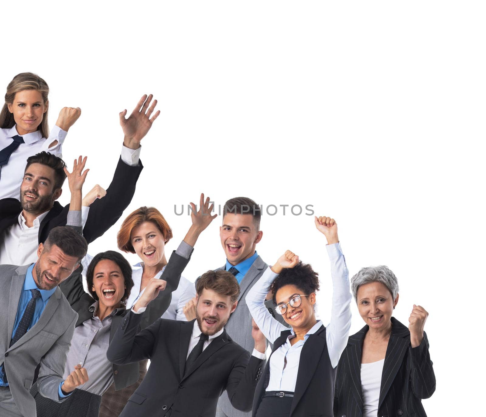 Large and very happy business group of people with arms raised isolated over a white background corner design element