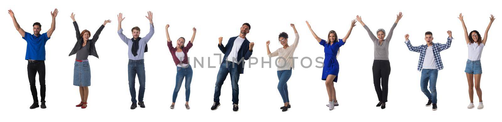 Collection of full length portrait of people in casual clothes with raised hands isolated on white background
