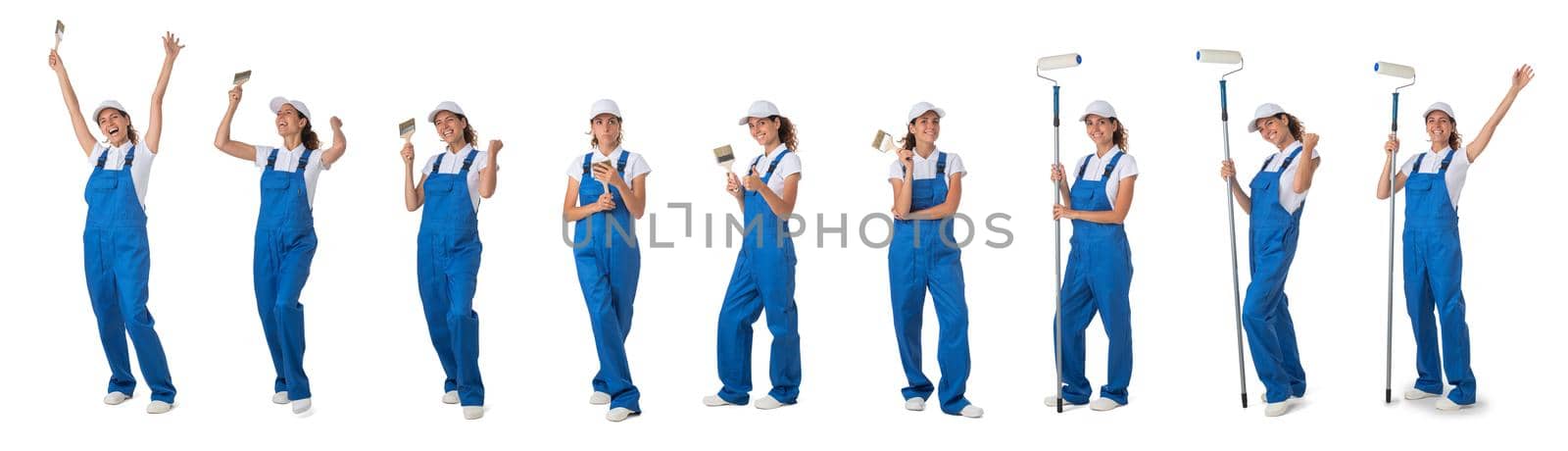 set of construction workers. portraits of woman professional painter, decorator or repairman in workwear isolated on white background. industry and building concept by ALotOfPeople