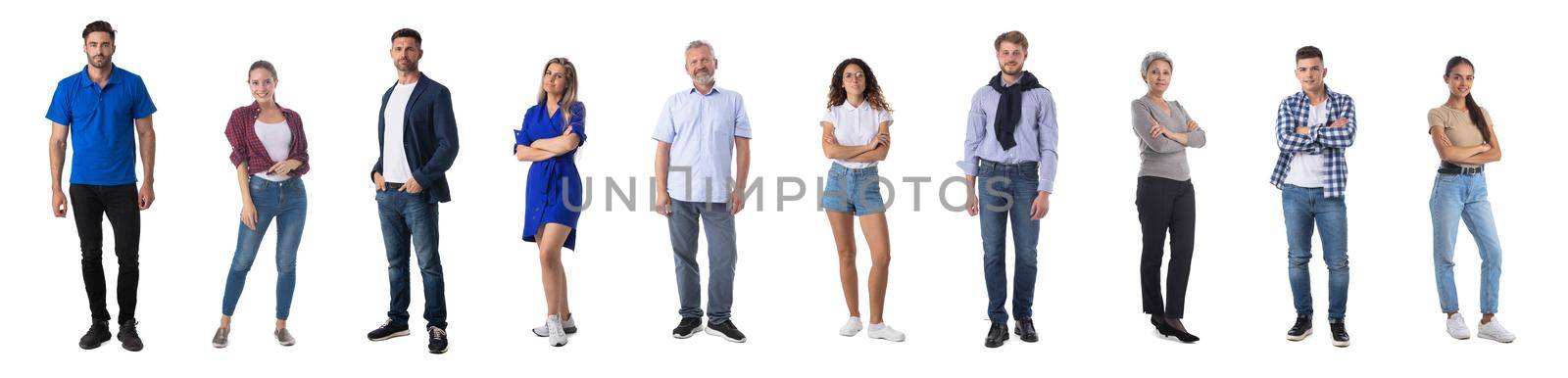 Collection of full length portrait of people in casual clothes isolated on white background