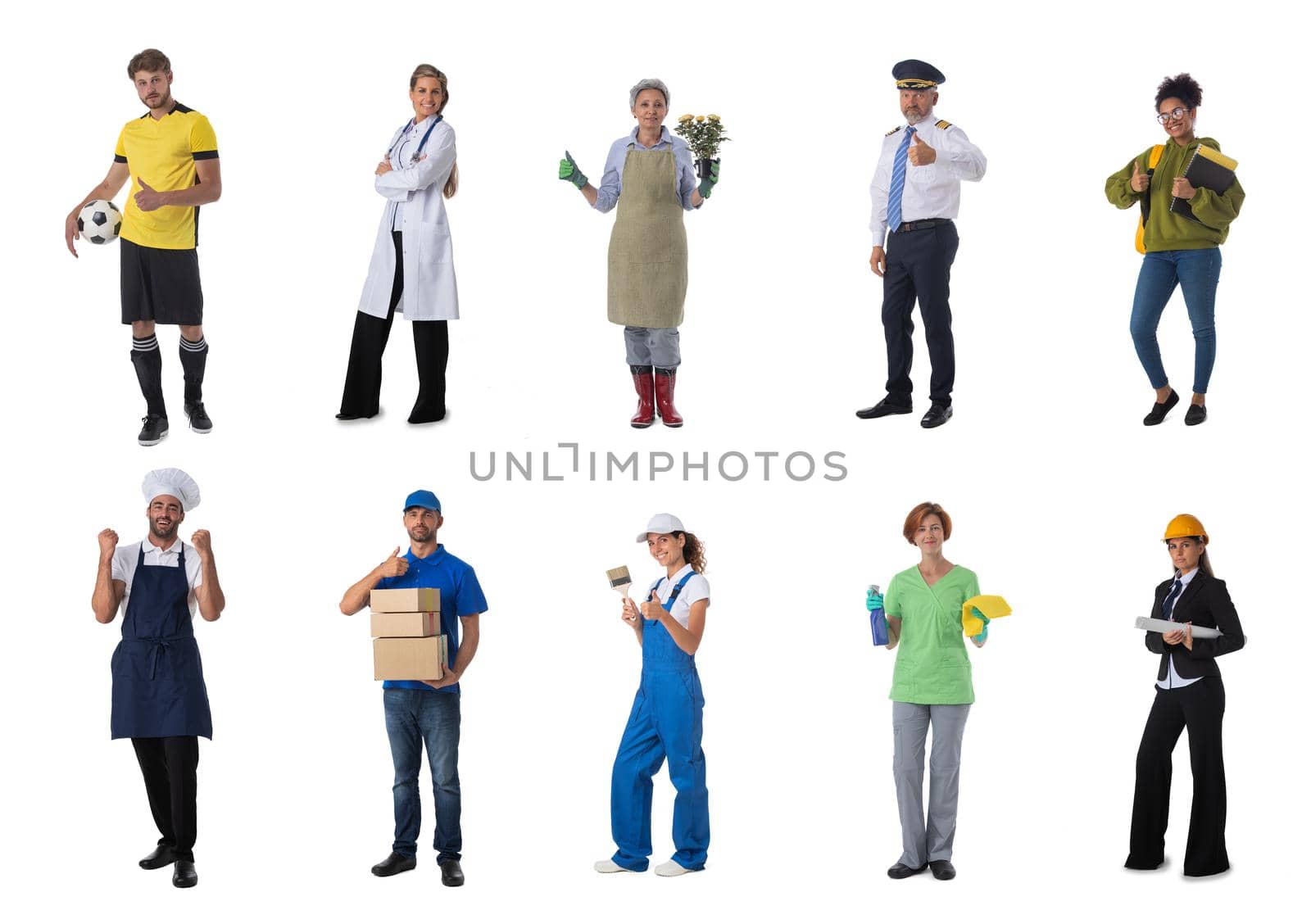 Full length portrait of group of people representing diverse professions of business, medicine, construction industry