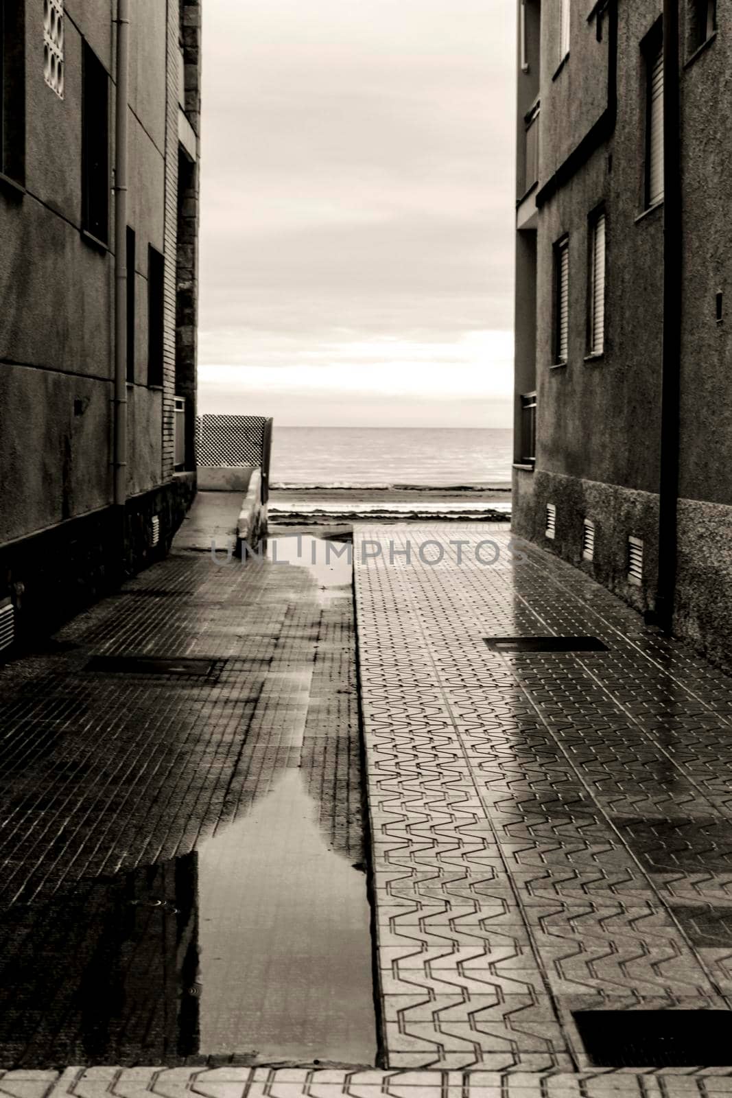 Lonely Little street between buildings facing the sea after a rainy day. Black and white Photography