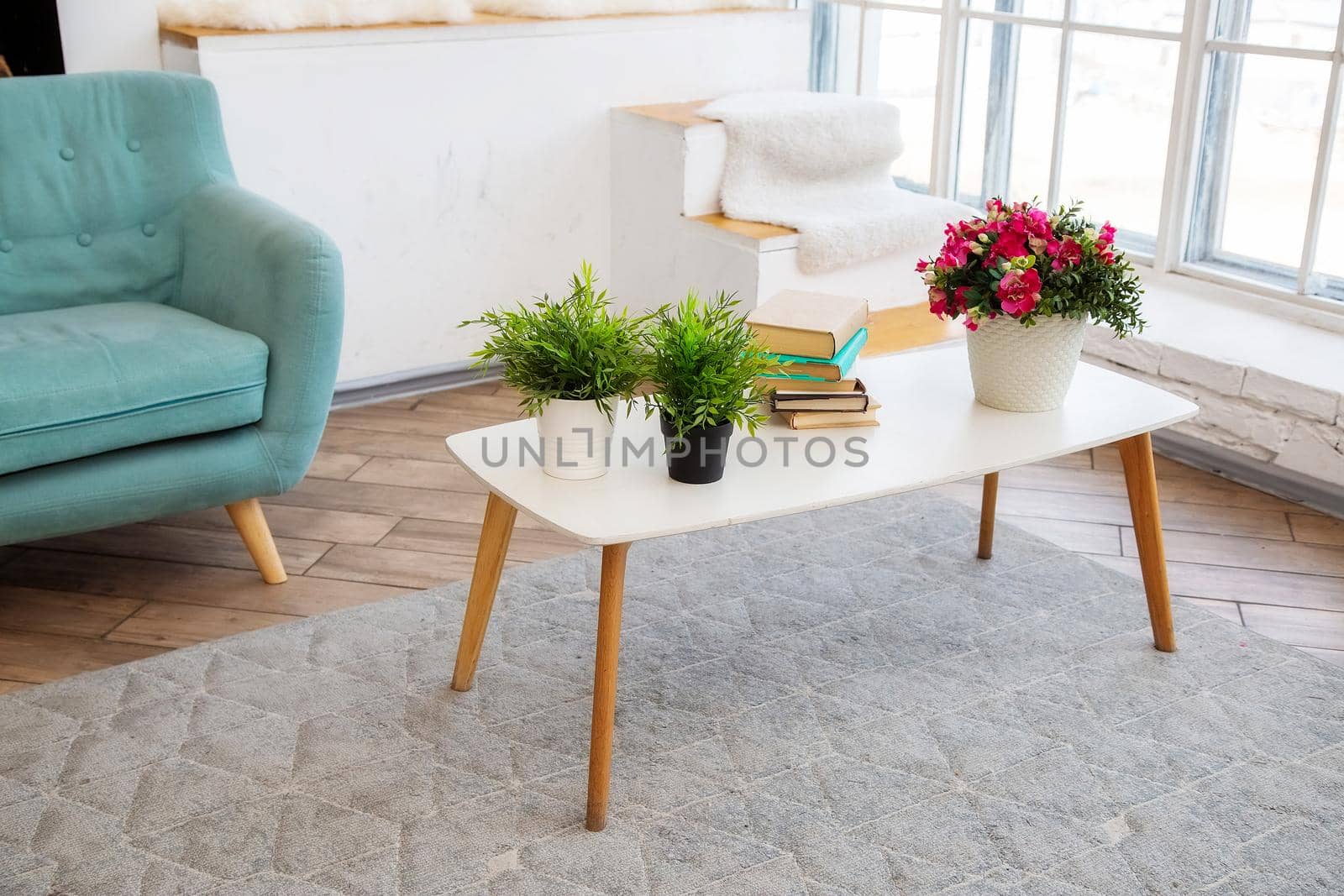 A white coffee table stands near a window with potted plants and books on it by galinasharapova