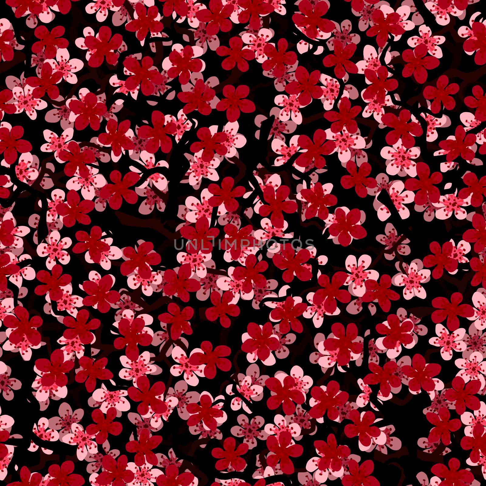Seamless pattern with blossoming Japanese cherry sakura branches for fabric,packaging,wallpaper,textile,design, invitations,print,gift wrap,manufacturing.Pink and red flowers on black background by Angelsmoon