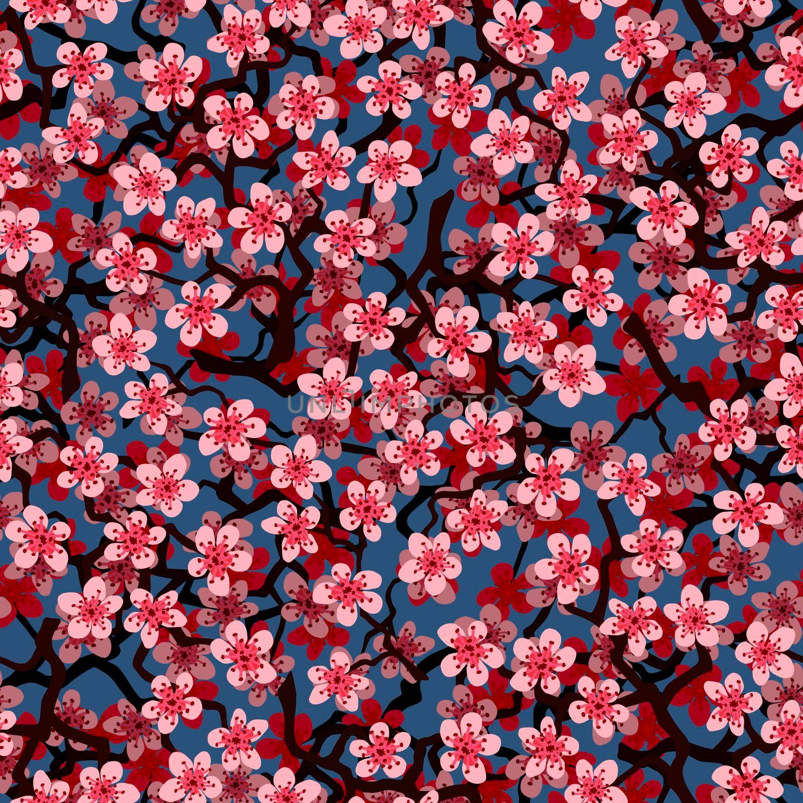 Seamless pattern with blossoming Japanese cherry sakura branches for fabric,packaging,wallpaper,textile decor,design, invitations,print,gift wrap,manufacturing.Pink flowers on blue background