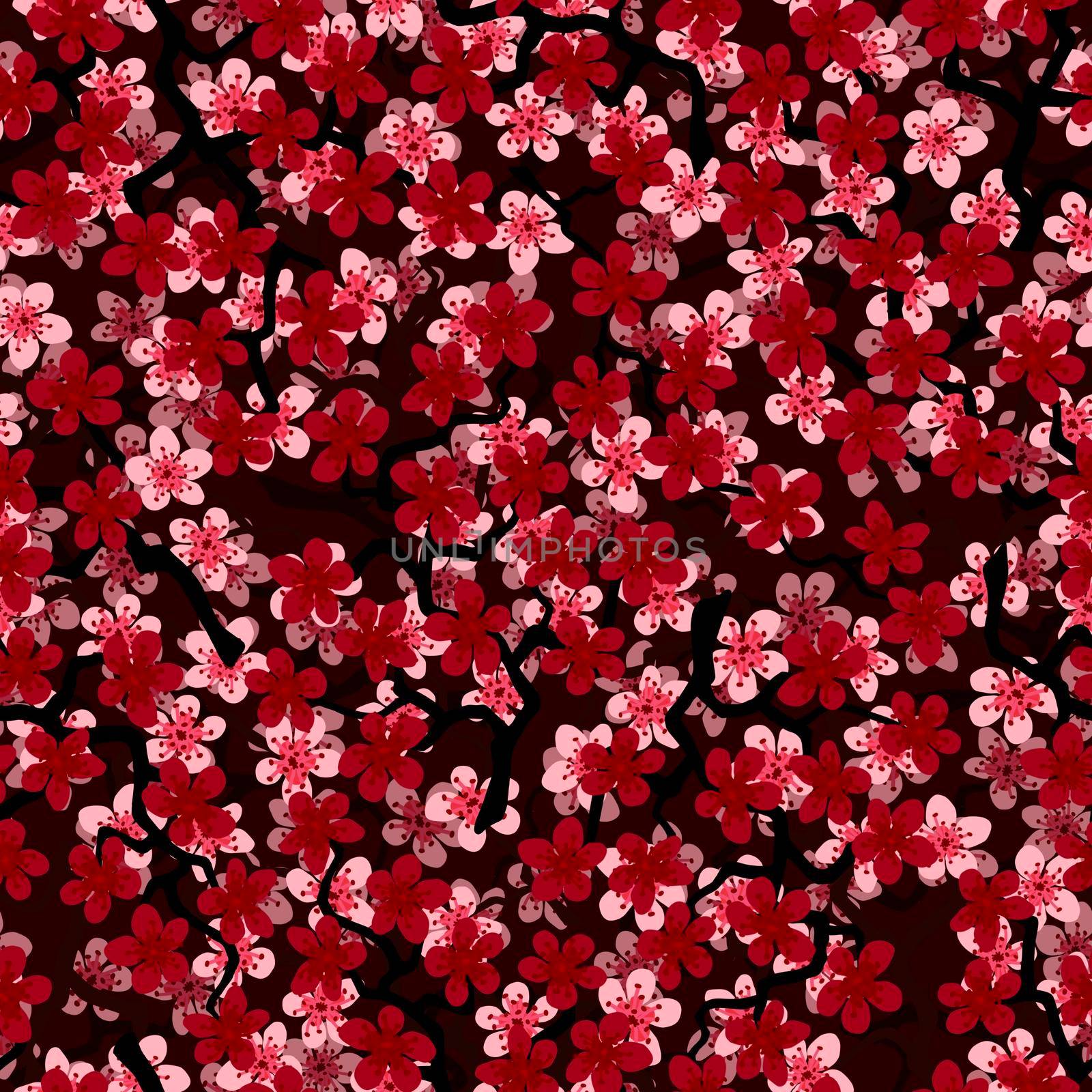 Seamless pattern with blossoming Japanese cherry sakura branches for fabric,packaging,wallpaper,textile decor,design, invitations,print,gift wrap,manufacturing.Pink and red flowers on black background