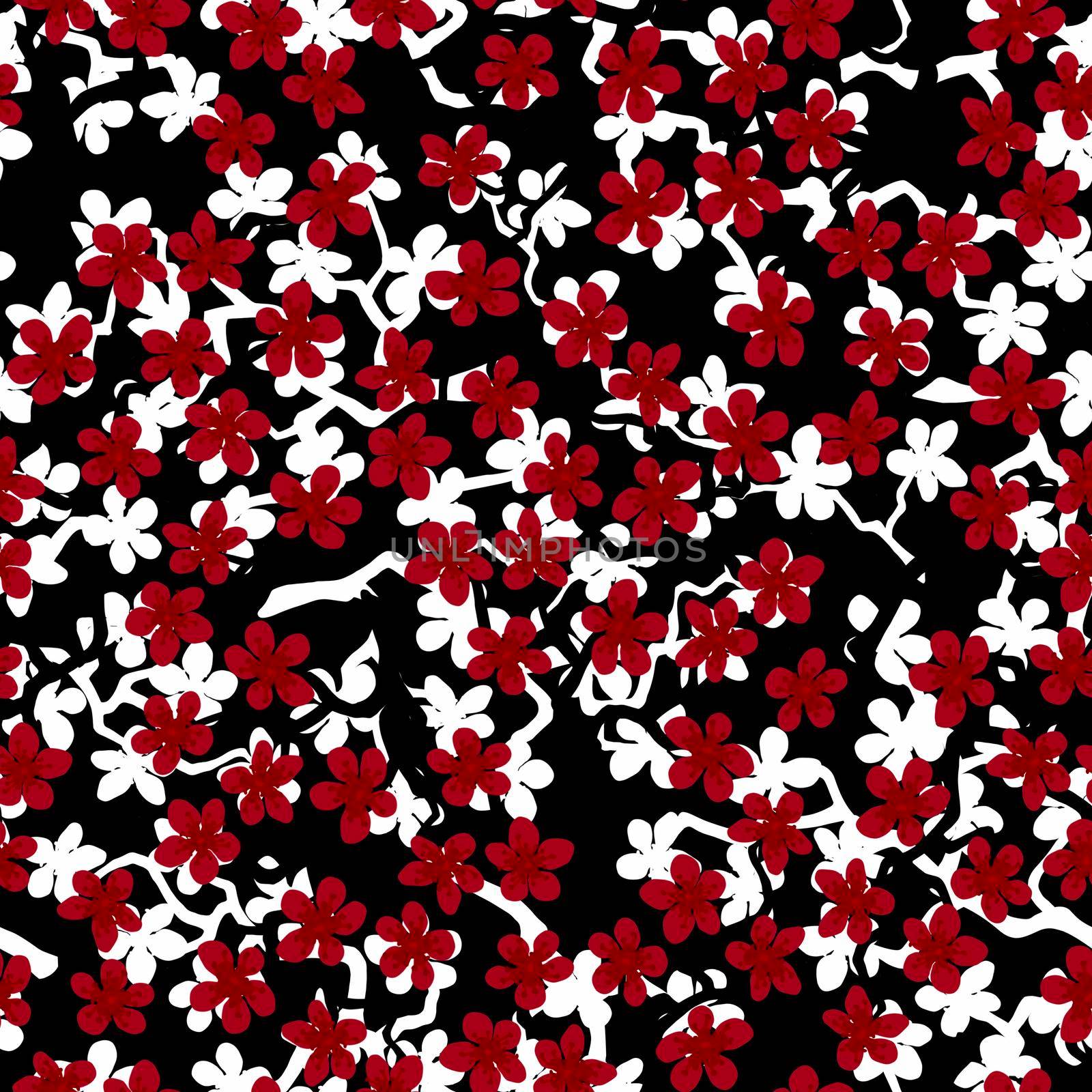 Seamless pattern with blossoming Japanese cherry sakura branches for fabric,packaging,wallpaper,textile decor,design, invitations,gift wrap,manufacturing.Red and white flowers on black background. by Angelsmoon