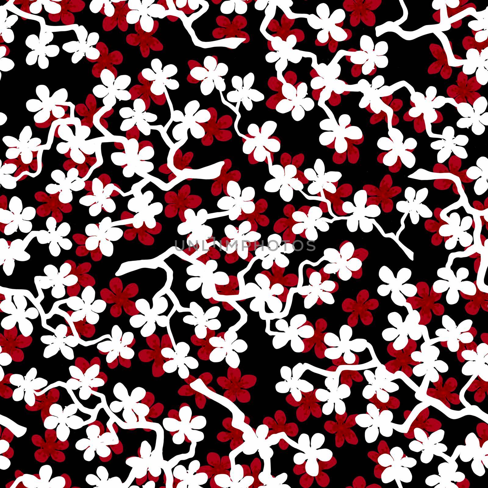 Seamless pattern with blossoming Japanese cherry sakura branches for fabric,packaging,wallpaper,textile decor,design, invitations,gift wrap,manufacturing.Red and white flowers on black background