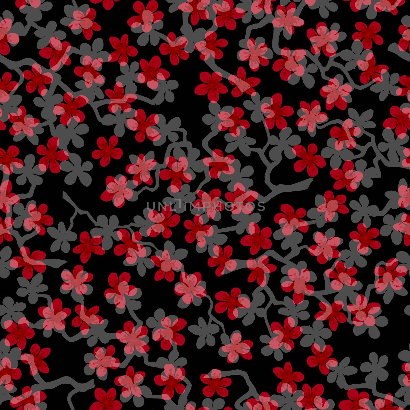 Seamless pattern with blossoming Japanese cherry sakura branches for fabric,packaging,wallpaper,textile decor,design, invitations,gift wrap,manufacturing.Red and gray flowers on black background. by Angelsmoon