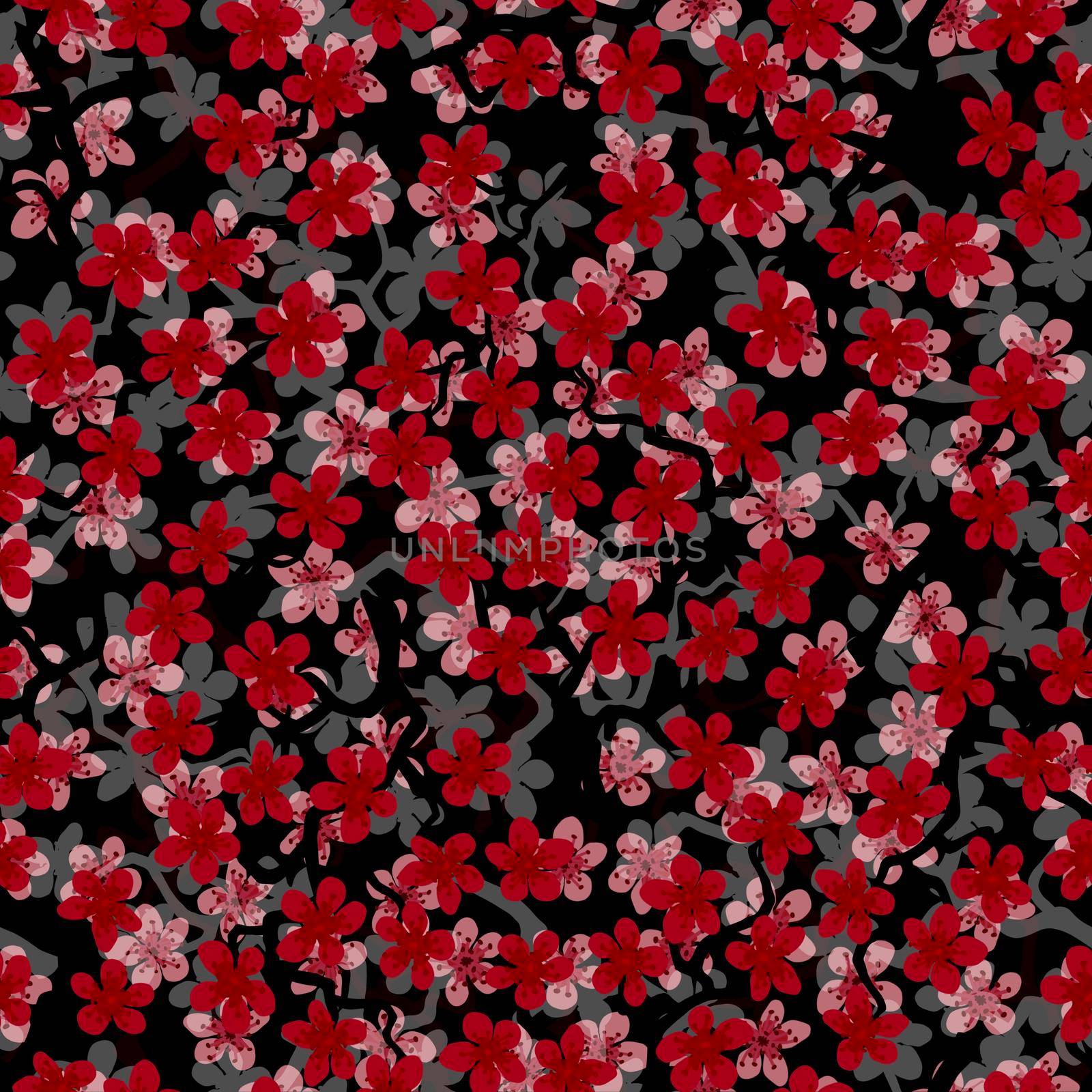 Seamless pattern with blossoming Japanese cherry sakura branches for fabric,packaging,wallpaper,textile decor,design, invitations,gift wrap,manufacturing.Red and gray flowers on black background. by Angelsmoon