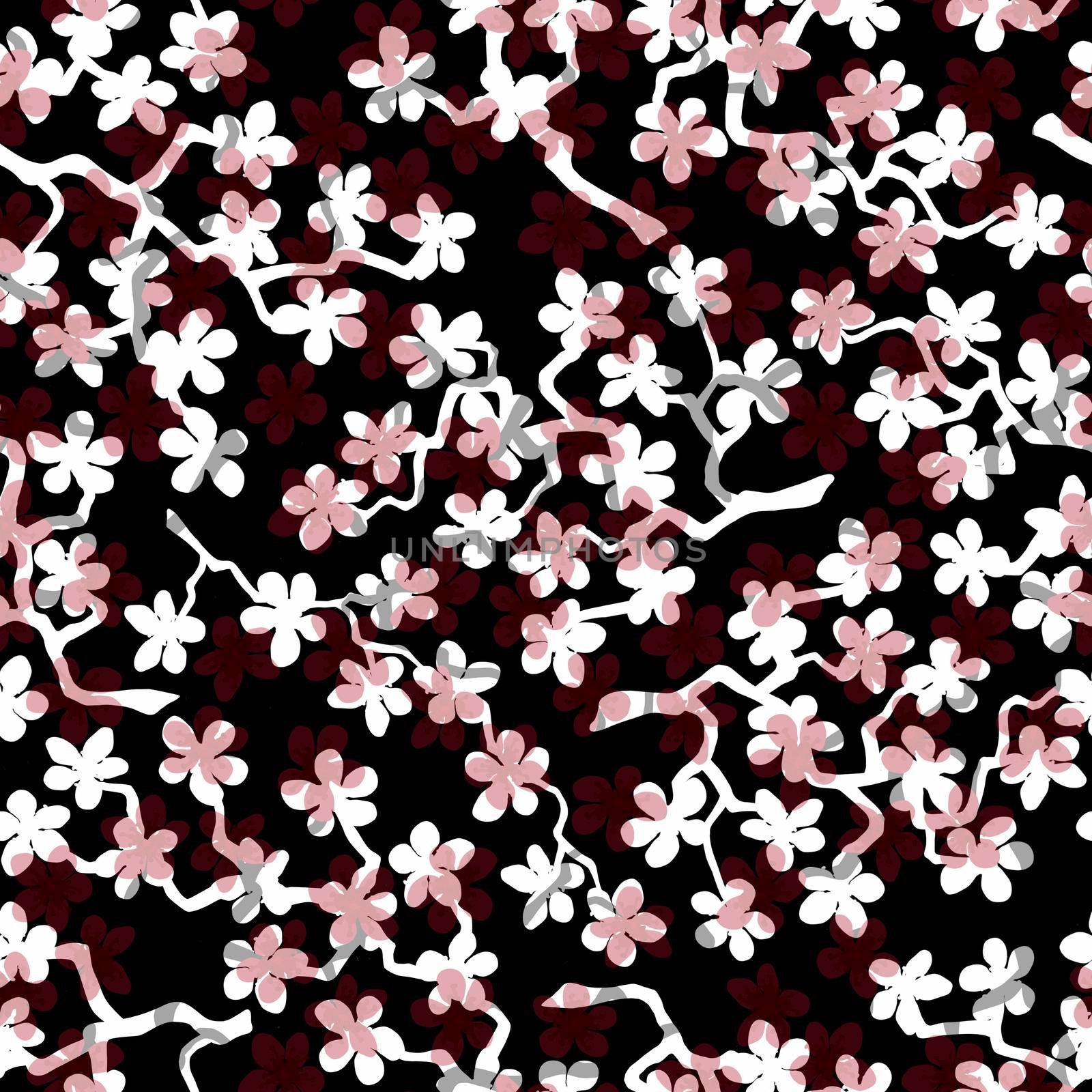 Seamless pattern with blossoming Japanese cherry sakura branches for fabric,packaging,wallpaper,textile decor,design, invitations,gift wrap,manufacturing.Gray and white flowers on black background. by Angelsmoon
