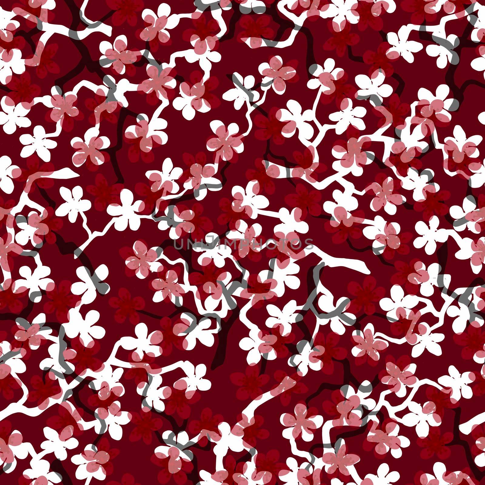 Seamless pattern with blossoming Japanese cherry sakura branches for fabric,packaging,wallpaper,textile decor,design, invitations,gift wrap,manufacturing.Red and white flowers on ruby background. by Angelsmoon