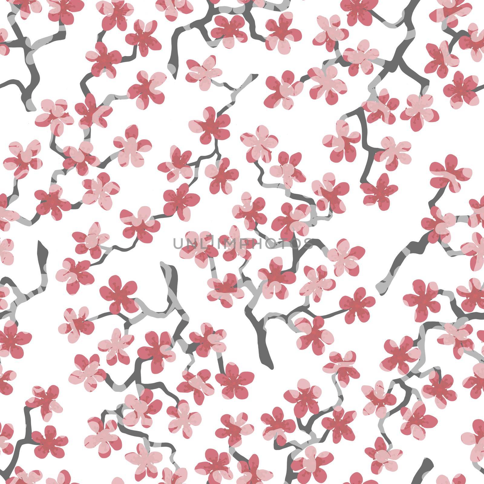 Seamless pattern with blossoming Japanese cherry sakura branches for fabric,packaging,wallpaper,textile decor,design, invitations,gift wrap,manufacturing.Pink and salmon flowers on white background. by Angelsmoon