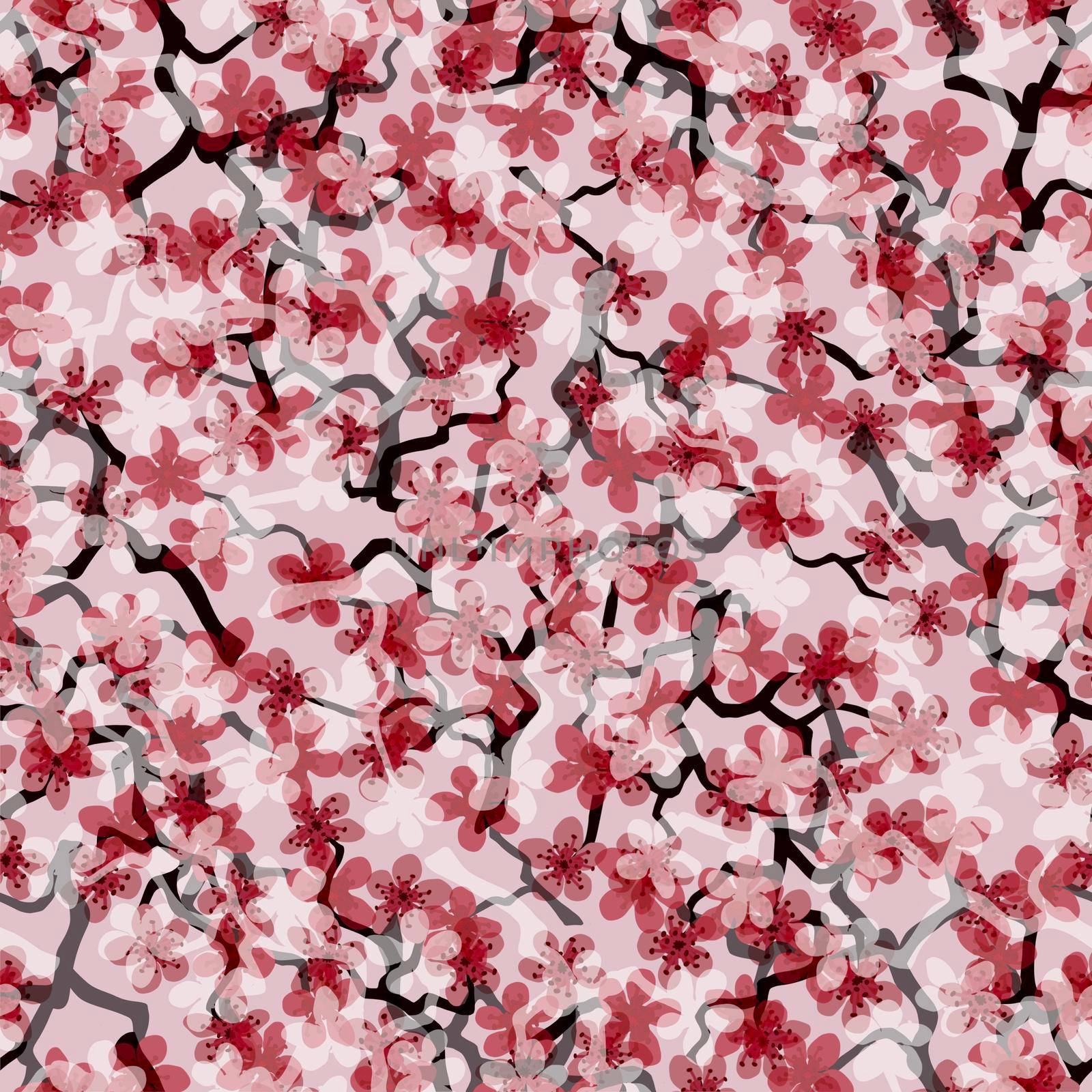 Seamless pattern with blossoming Japanese cherry sakura branches for fabric,packaging,wallpaper,textile decor,design, invitations,gift wrap,manufacturing.Pink and coral flowers on salmon background. by Angelsmoon