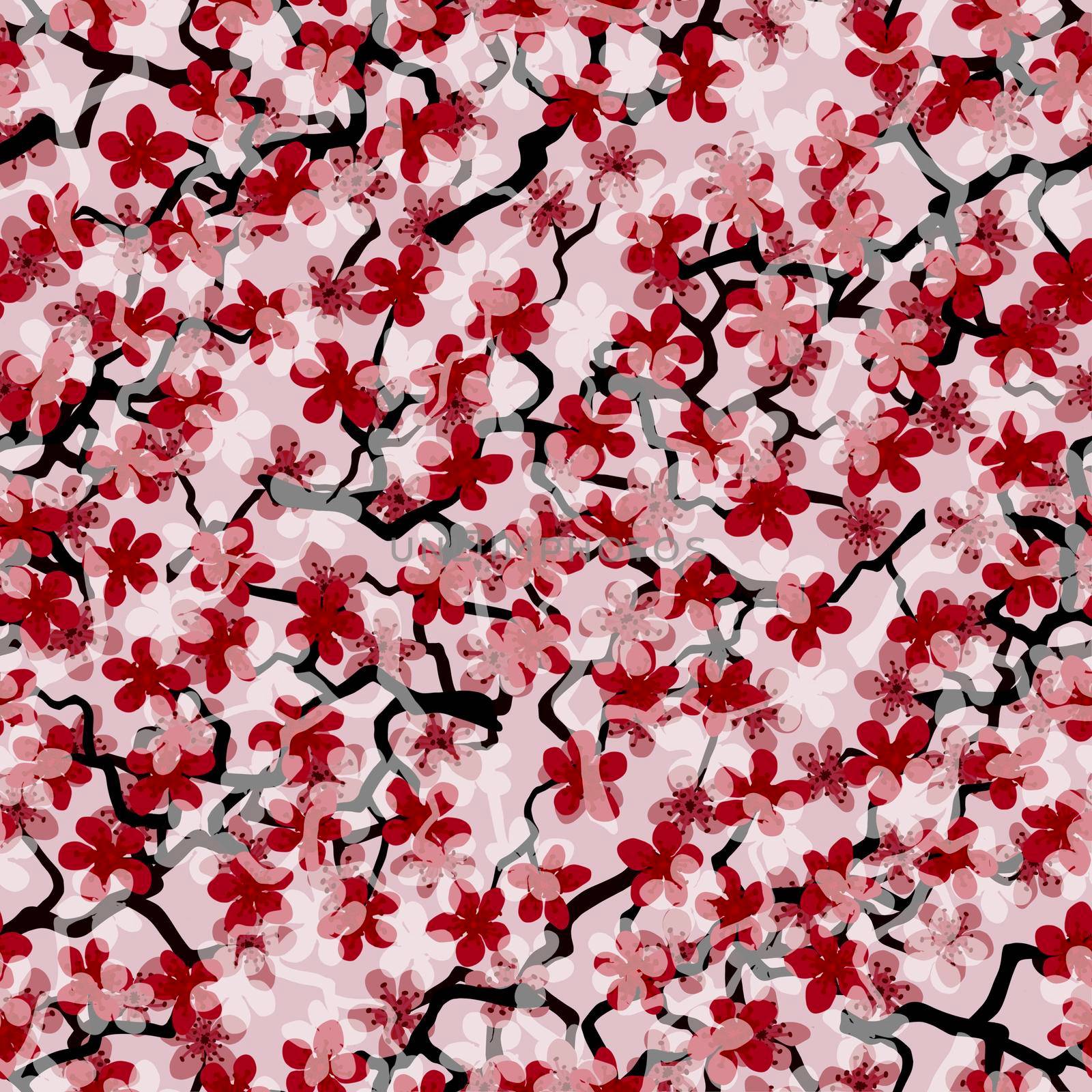 Seamless pattern with blossoming Japanese cherry sakura branches for fabric,packaging,wallpaper,textile decor,design, invitations,gift wrap,manufacturing.Pink and red flowers on salmon background. by Angelsmoon