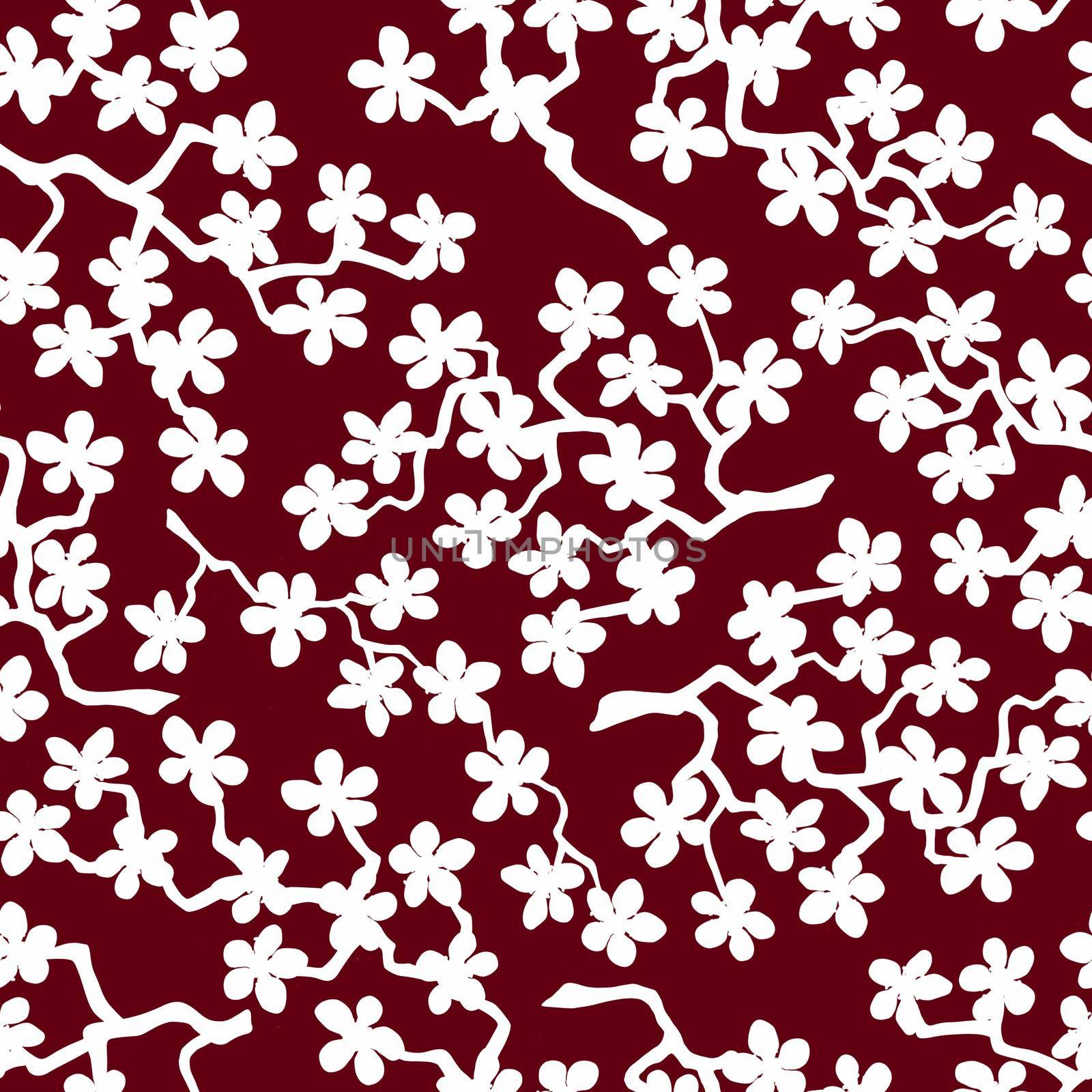 Seamless pattern with blossoming Japanese cherry sakura branches for fabric, packaging, wallpaper, textile decor, design, invitations, print, gift wrap, manufacturing.White flowers on ruby background