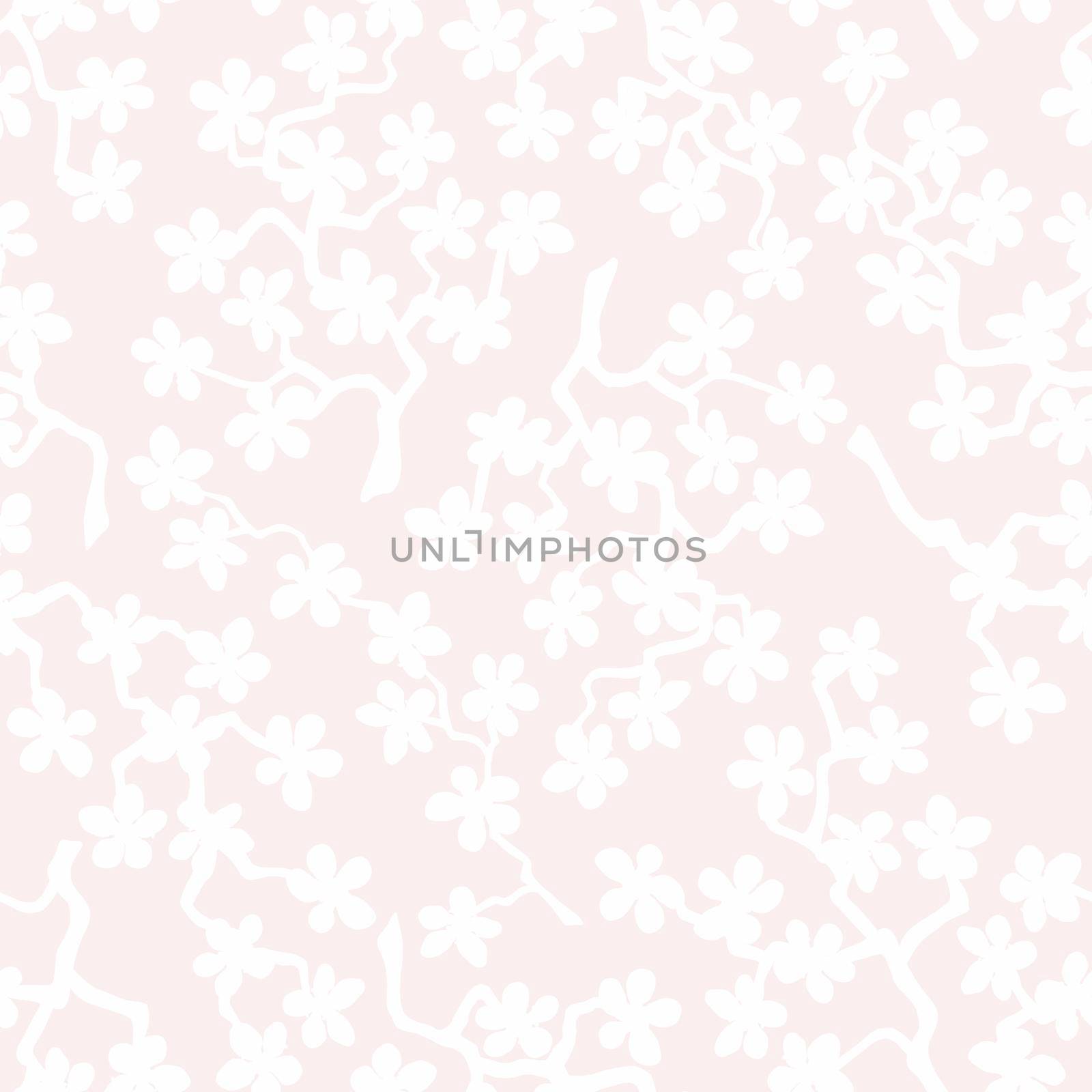 Seamless pattern with blossoming Japanese cherry sakura branches for fabric, packaging, wallpaper, textile decor, design, invitations, print, gift wrap, manufacturing. White flowers on pink background