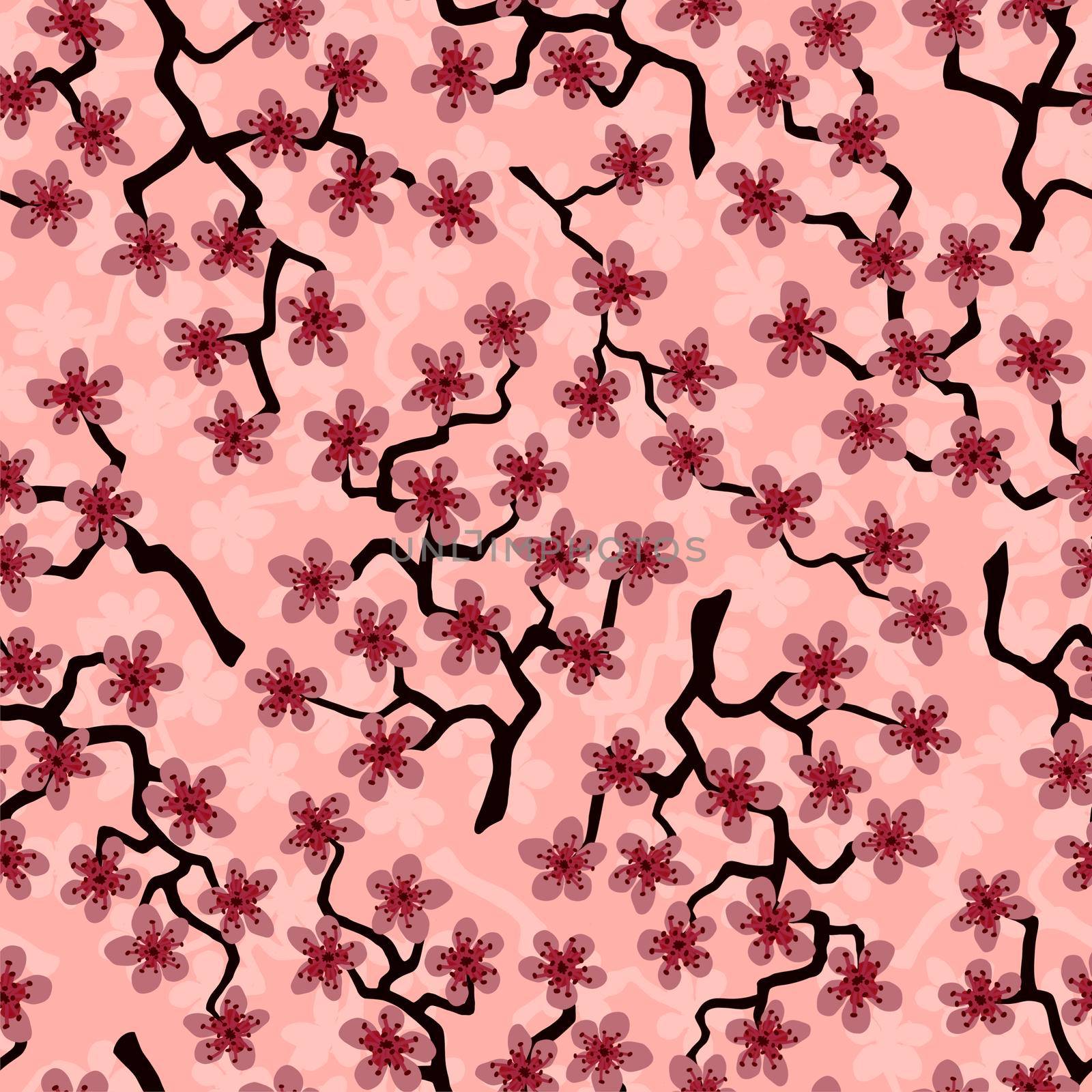 Seamless pattern with blossoming Japanese cherry sakura branches for fabric, packaging, wallpaper, textile decor, design, invitations, print, gift wrap, manufacturing.Pink flowers on coral background. by Angelsmoon