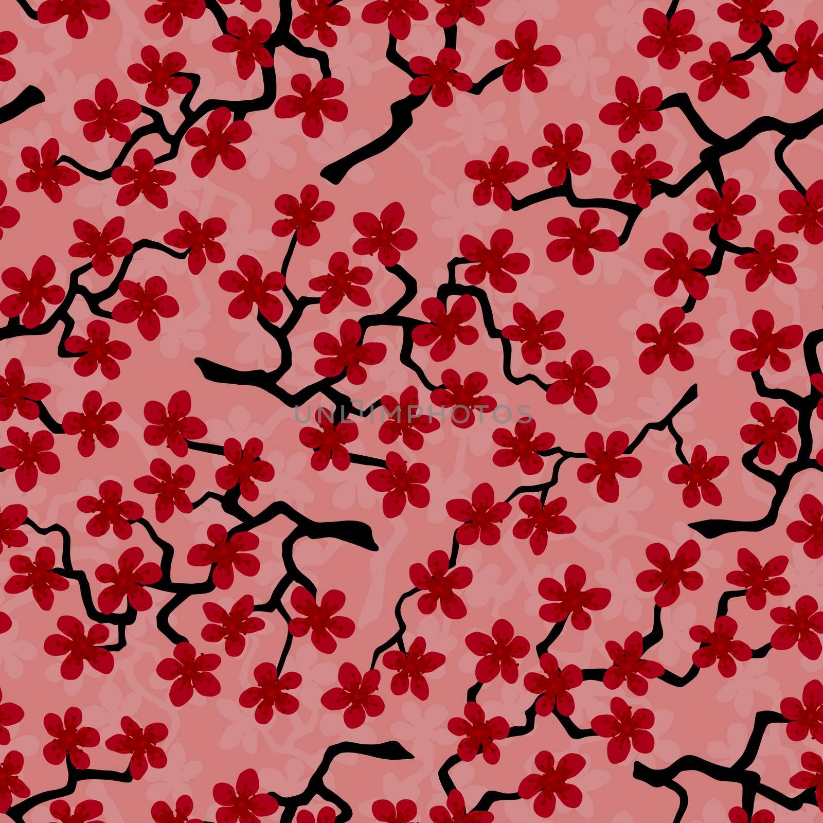 Seamless pattern with blossoming Japanese cherry sakura branches for fabric, packaging, wallpaper, textile decor, design, invitations, print, gift wrap, manufacturing.Red flowers on salmon background by Angelsmoon