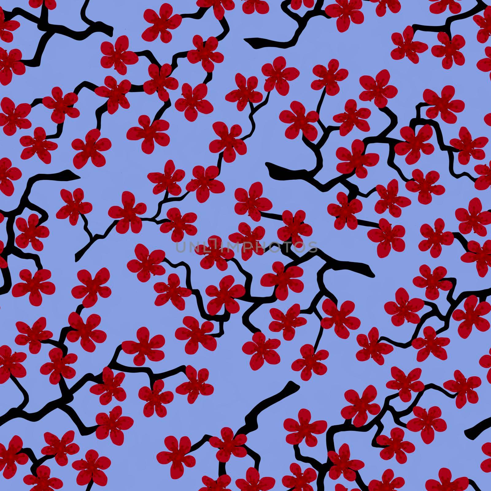 Seamless pattern with blossoming Japanese cherry sakura branches for fabric, packaging, wallpaper, textile decor, design, invitations, print, gift wrap, manufacturing. Red flowers on lilac background