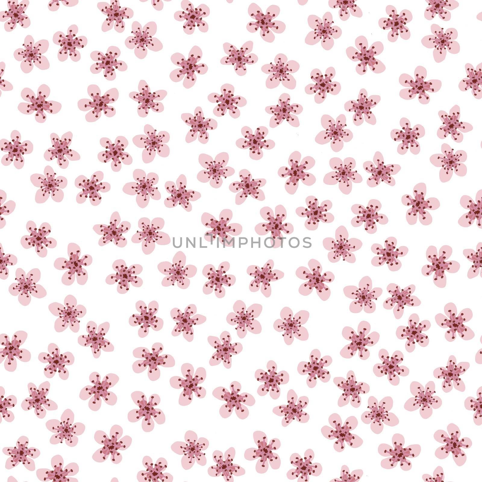 Seamless pattern with blossoming Japanese cherry sakura for fabric, packaging, wallpaper, textile decor, design, invitations, print, gift wrap, manufacturing. Pink flowers on white background