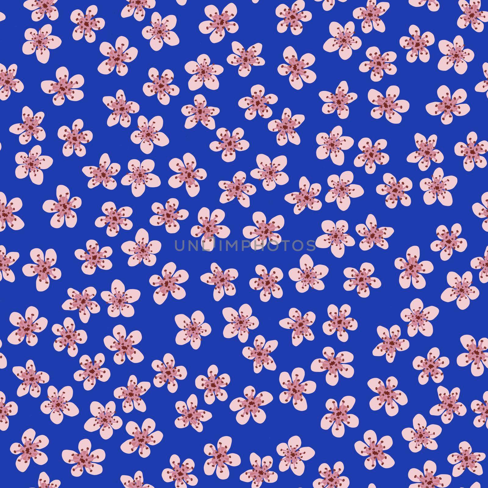 Seamless pattern with blossoming Japanese cherry sakura for fabric, packaging, wallpaper, textile decor, design, invitations, print, gift wrap, manufacturing. Pink flowers on blue background