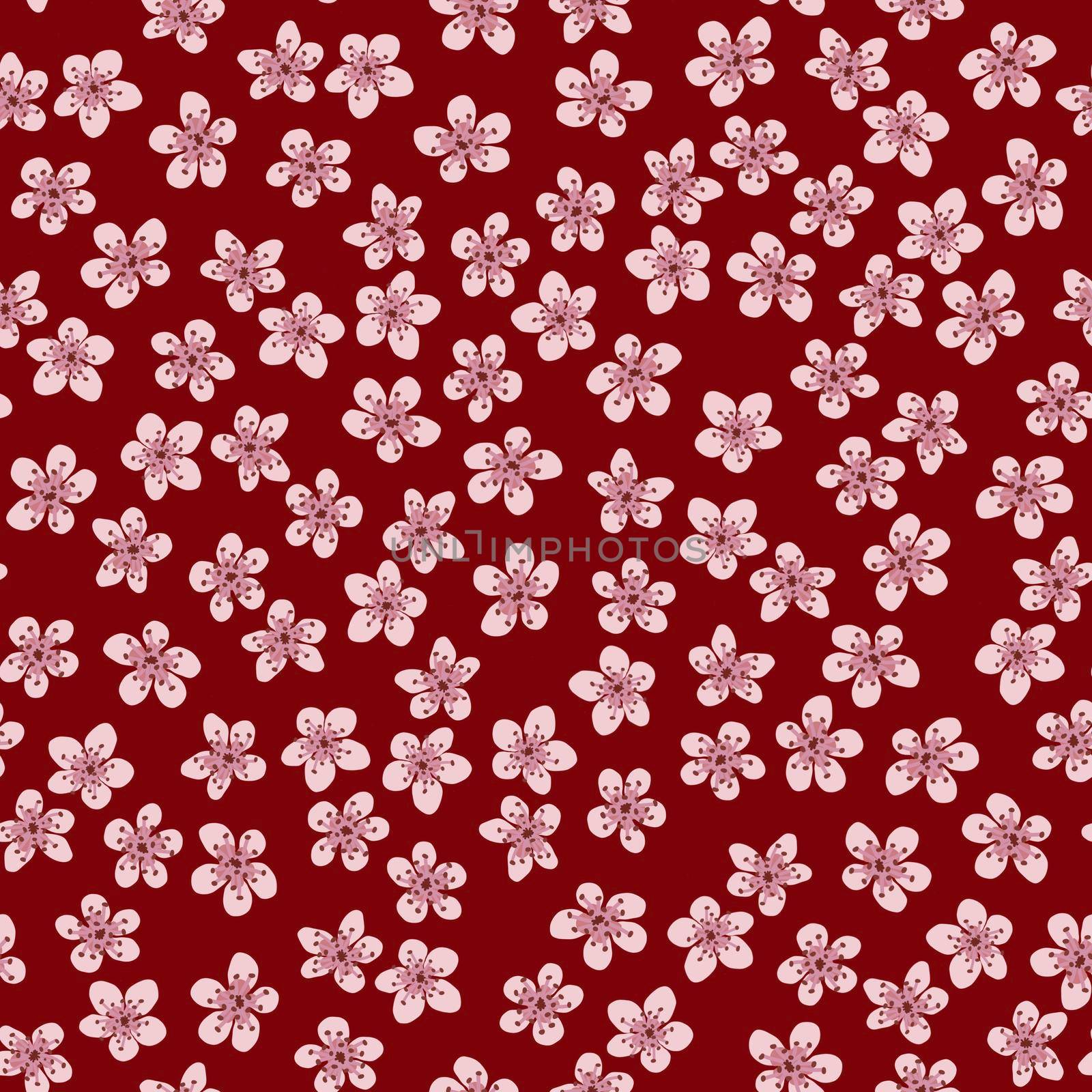 Seamless pattern with blossoming Japanese cherry sakura for fabric, packaging, wallpaper, textile decor, design, invitations, print, gift wrap, manufacturing. Pink flowers on ruby background