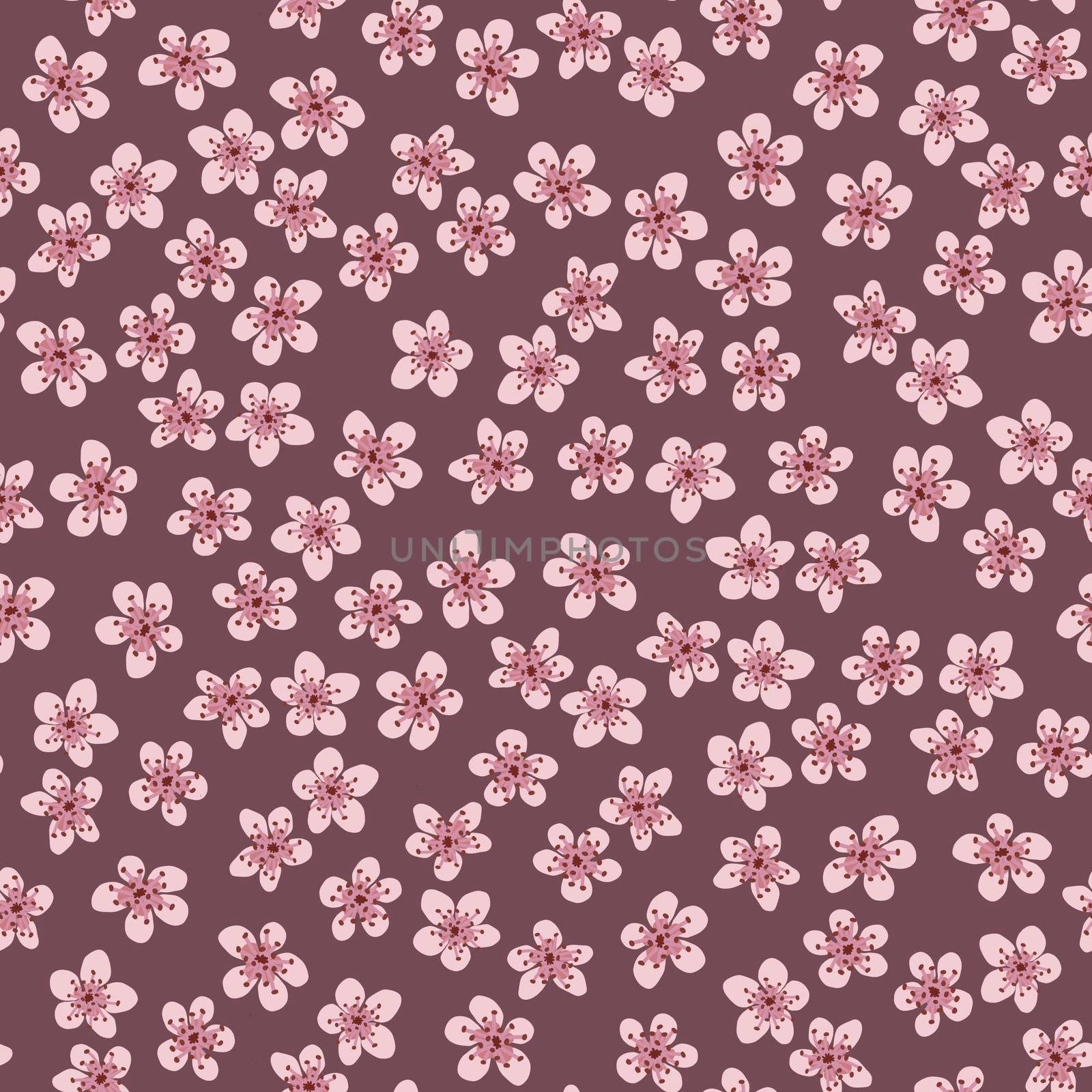 Seamless pattern with blossoming Japanese cherry sakura for fabric, packaging, wallpaper, textile decor, design, invitations, print, gift wrap, manufacturing. Pink flowers on rosybrown background. by Angelsmoon