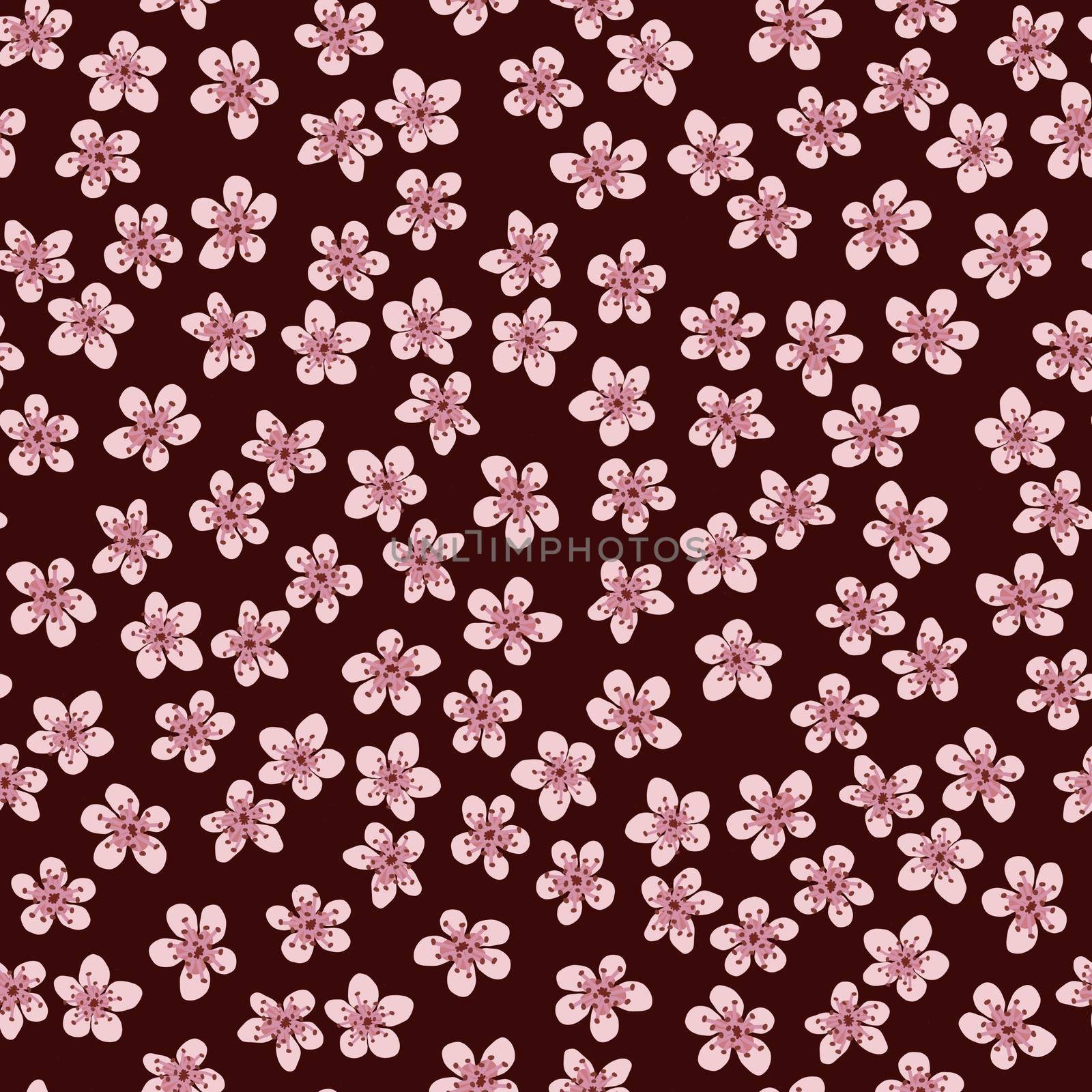 Seamless pattern with blossoming Japanese cherry sakura for fabric, packaging, wallpaper, textile decor, design, invitations, print, gift wrap, manufacturing. Pink flowers on burgundy background. by Angelsmoon