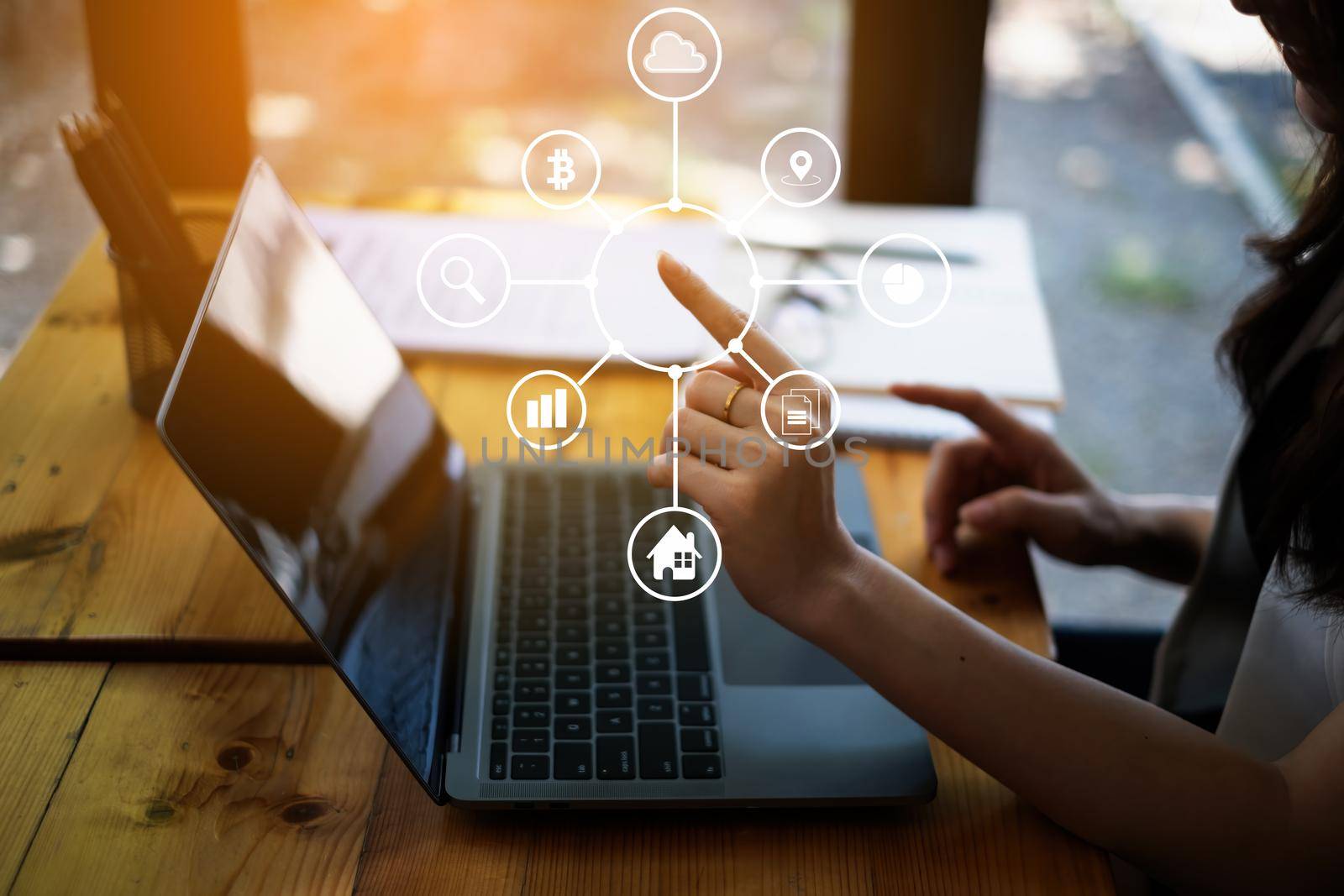 Fund managers researching and analysis Investment stock market by paperwork document with virtual financial on screen . business finance fintech concept