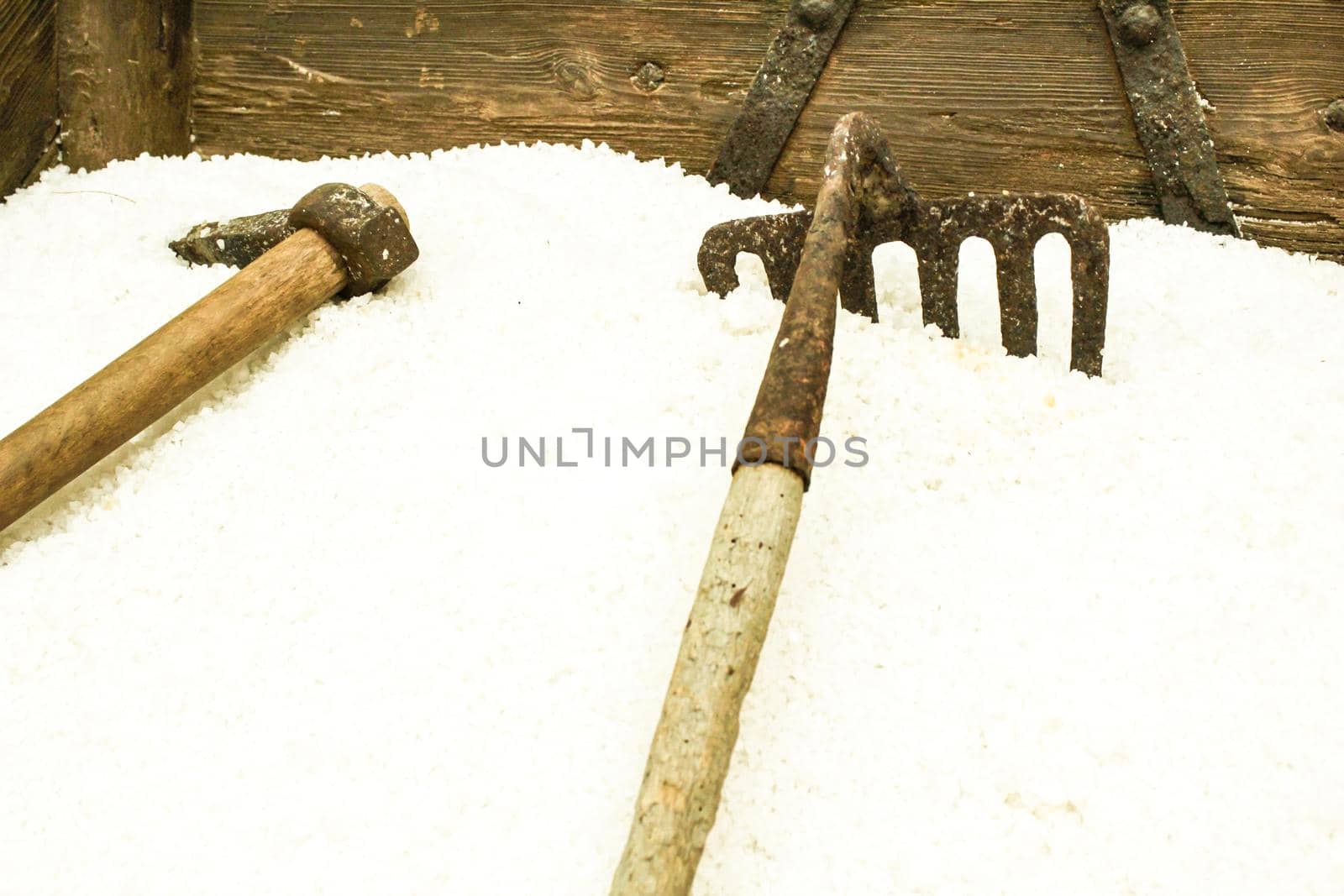 Sea salt stored for processed and old tools in Santa Pola, Spain