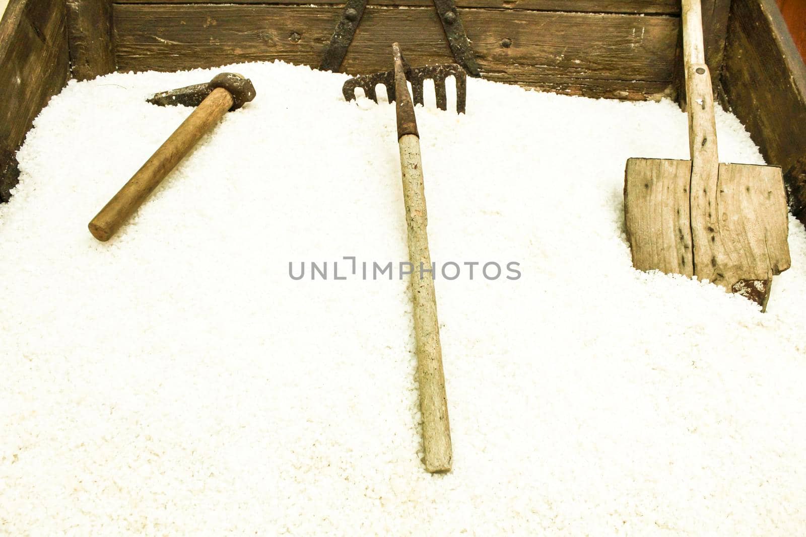 Sea salt stored for processed and old tools in Santa Pola, Spain