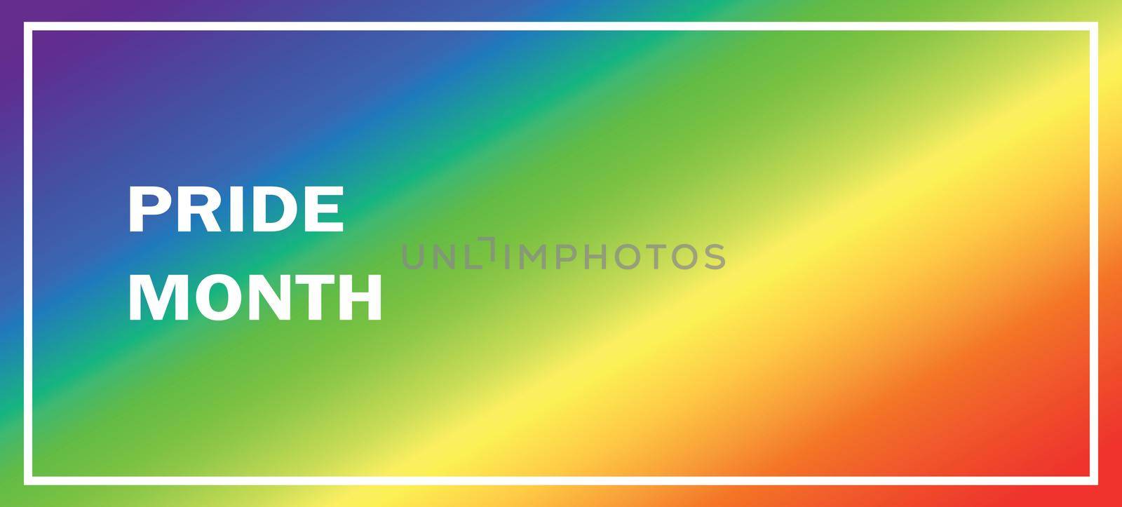 Lettering PRIDE MONTH on gradient rainbow background. LGBT flag. Template design, vector illustration. Love wins. Colorful symbols. Gay pride collection. Banner.