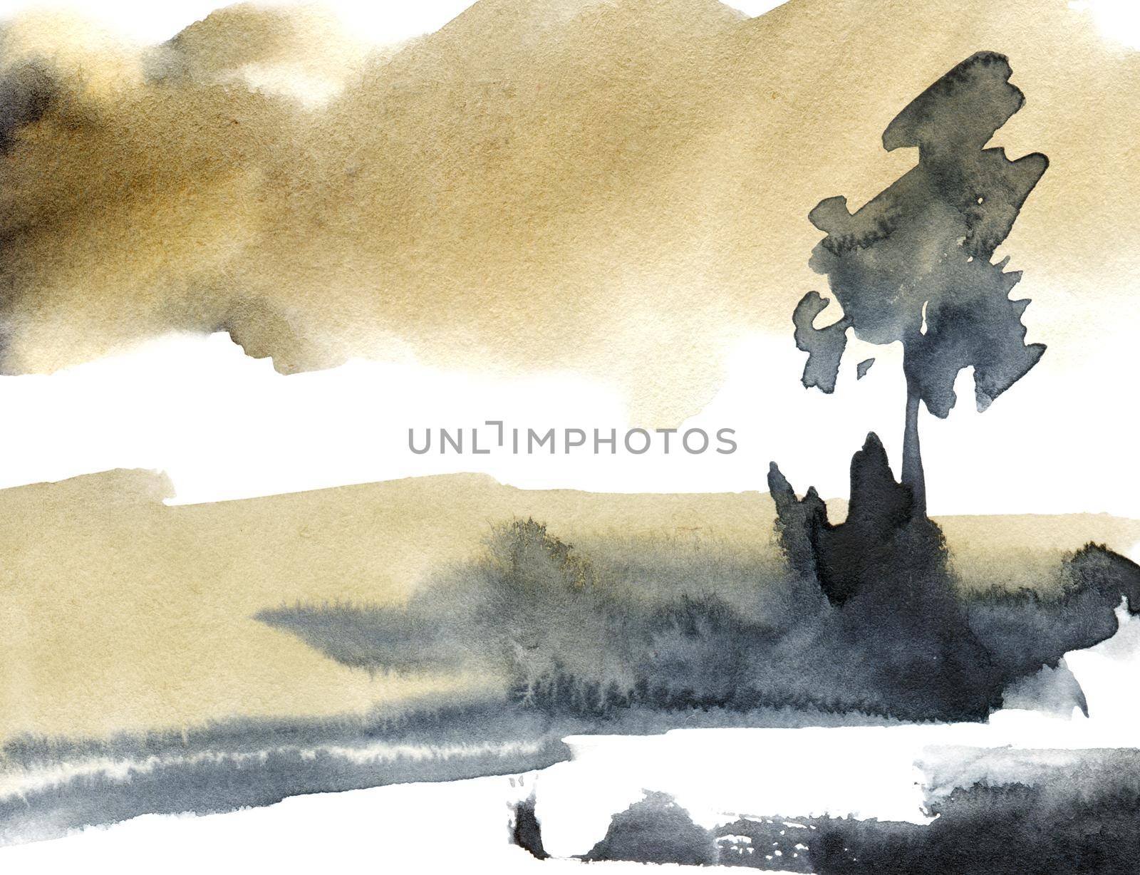 Watercolor abstract landscape - grunge texture and watersplashes.