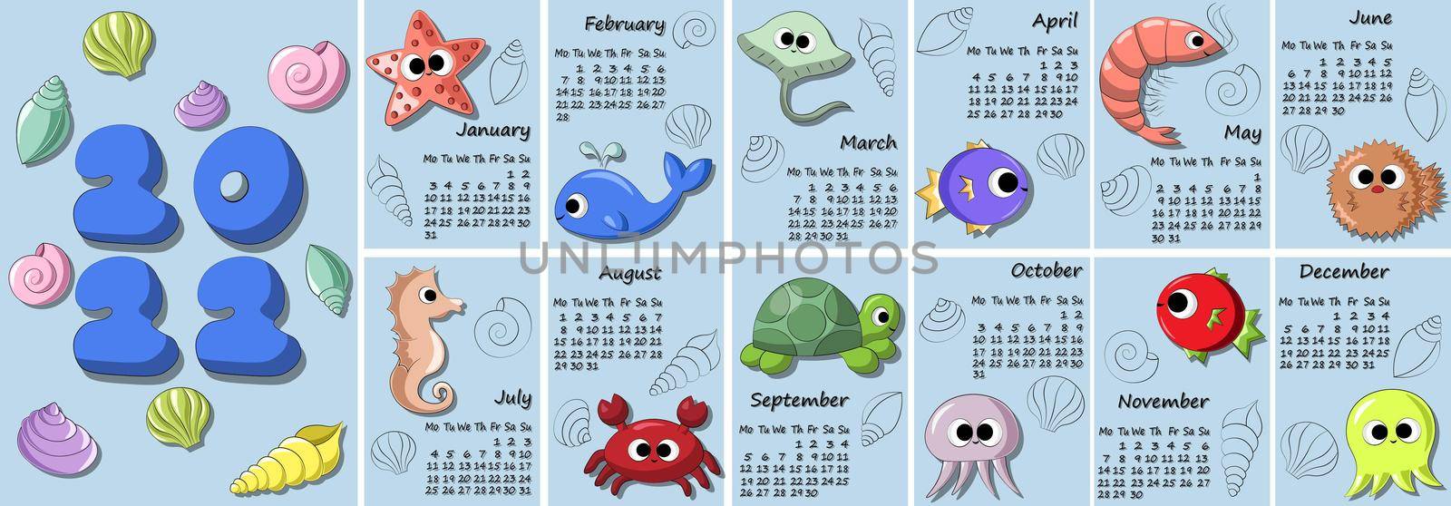 Cartoon cute underwater animals starfish and fish, seahorse and, whale and crab, shell and stingray, shrimp and jellyfish, hedgehog, octopus and turtle