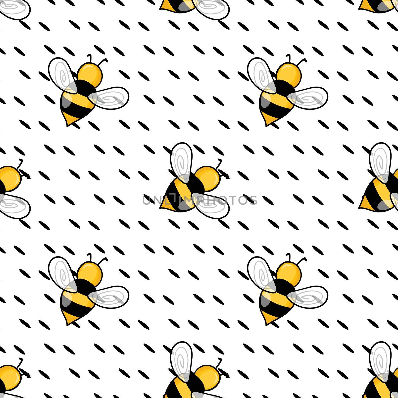 Seamless pattern with bees on white polka dots background. Small wasp. Vector illustration. Adorable cartoon character. Template design for invitation, cards, textile, fabric. Doodle style.